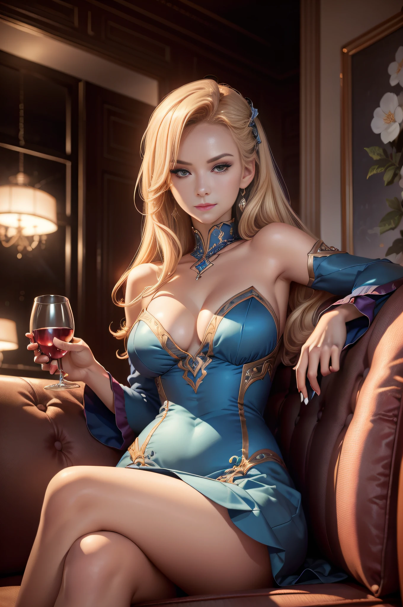 nardack, Blonde woman in blue dress sitting on sofa drinking a glass of wine, beautiful and seductive anime woman,Look at the camera, Bar background，Extremely detailed Artgerm, tmasterpiece, anime illustration,  High detail,  drinking a drink