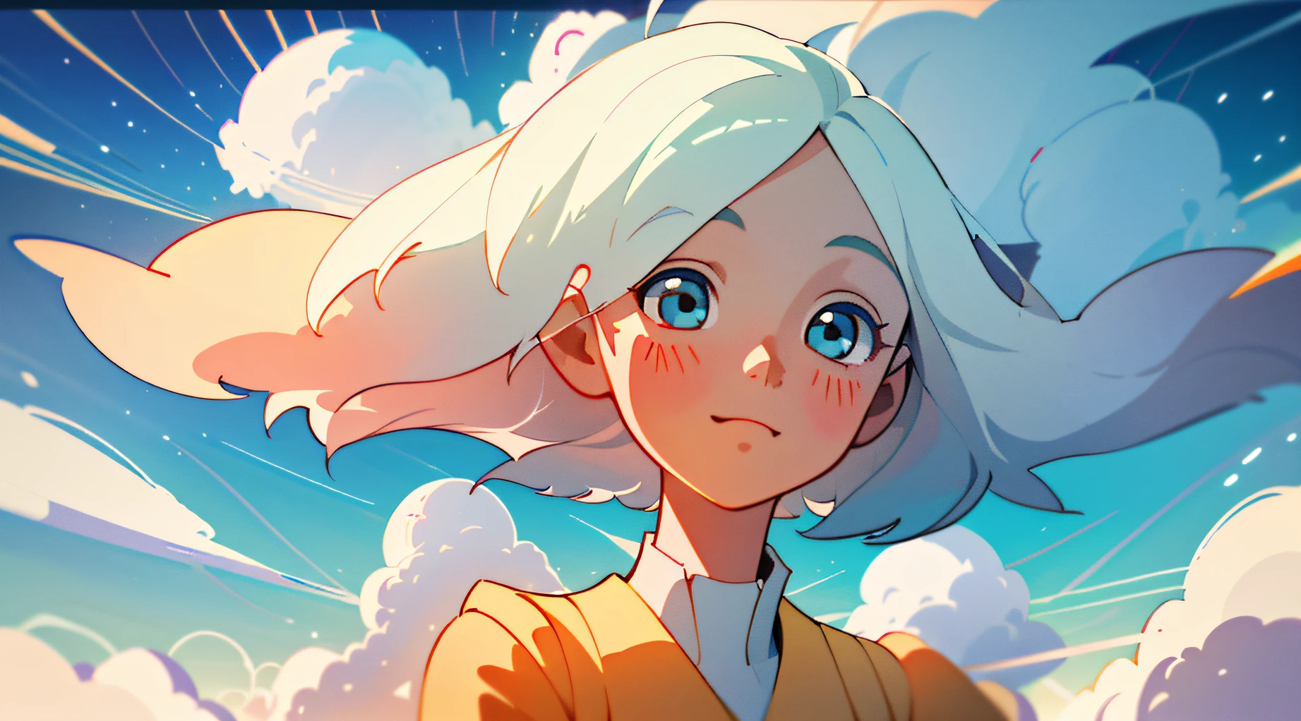 masterpiece, best quality, movie still, 1girl, floating in the sky, cloud girl, cloud, (close-up:1.1), bright, happy, fun, soft lighting, (Bauhaus, shapes, lines, abstract:1.1)