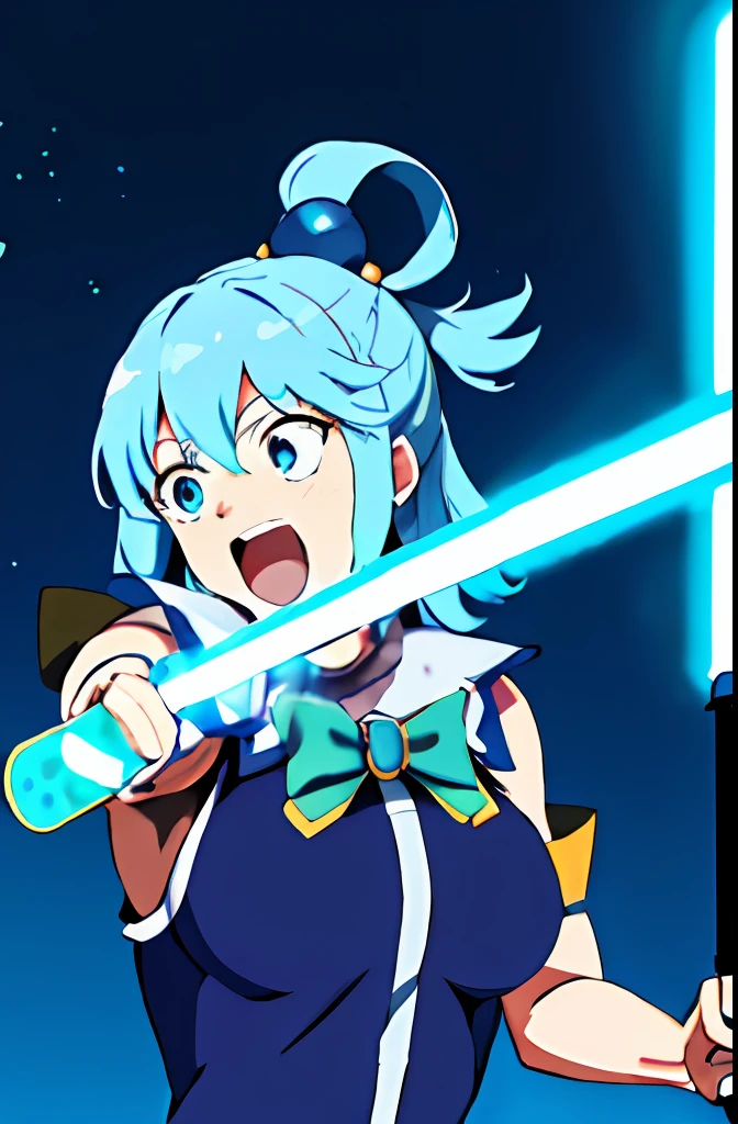 solo aqua \(konosuba\) showcasing her skills with a lightsaber swinging