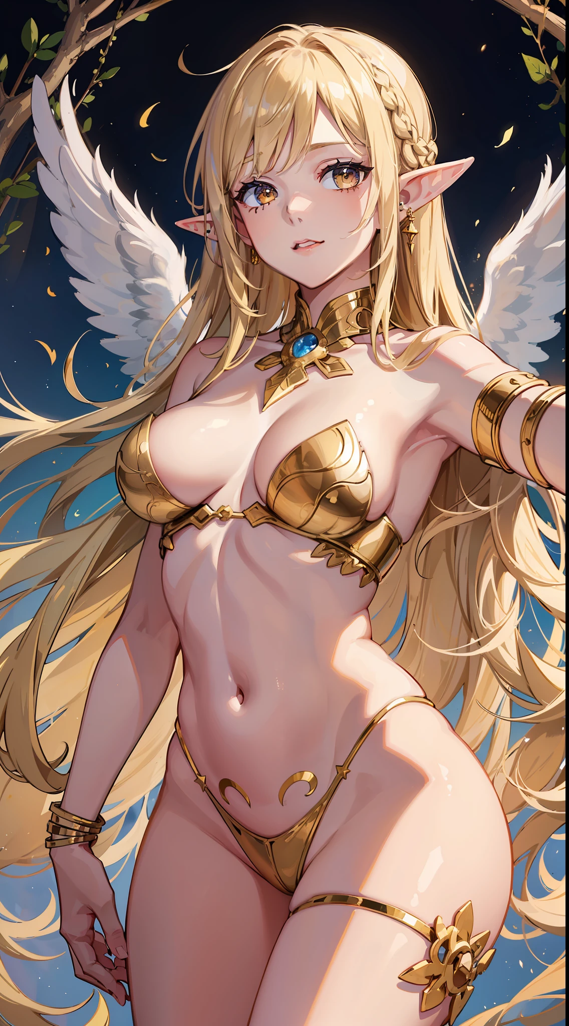 young girl, longue blonde hair, elf ears, white eyes, angel wings, Naked, gold tattoos, Masterpiece, hiquality