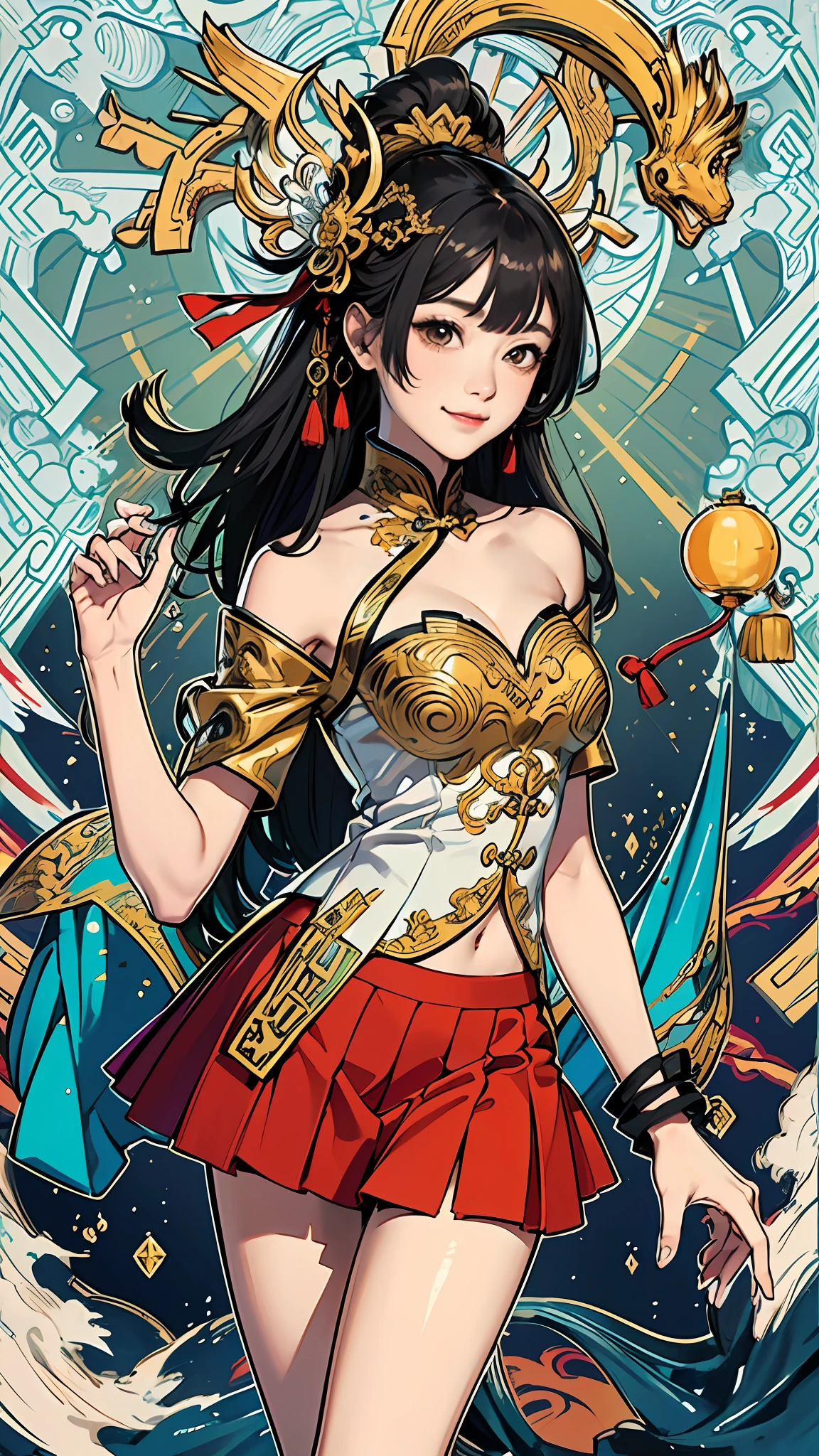 Official Art, Unified 8K Wallpapers, Ultra Detailed, Beautiful and Aesthetic, Masterpiece, Best Quality, (Zentangle, Tangle, Entangle), (fractal art: 1.4), 1girl, black hair, Chinese, bare shoulders, short skirt, calf, navel, very detailed, dynamic angle, cowboyshot, (most beautiful form chaos), flowing, (bright colors), oc, (half: 1.2), china, (thangka flying sky: 1.5), (ribbon: 1.3), (dream: 1.5), (hanfu: 1.5), Chinese dragon, Chinese phoenix, (smile: 0.5), (Chinese deity),