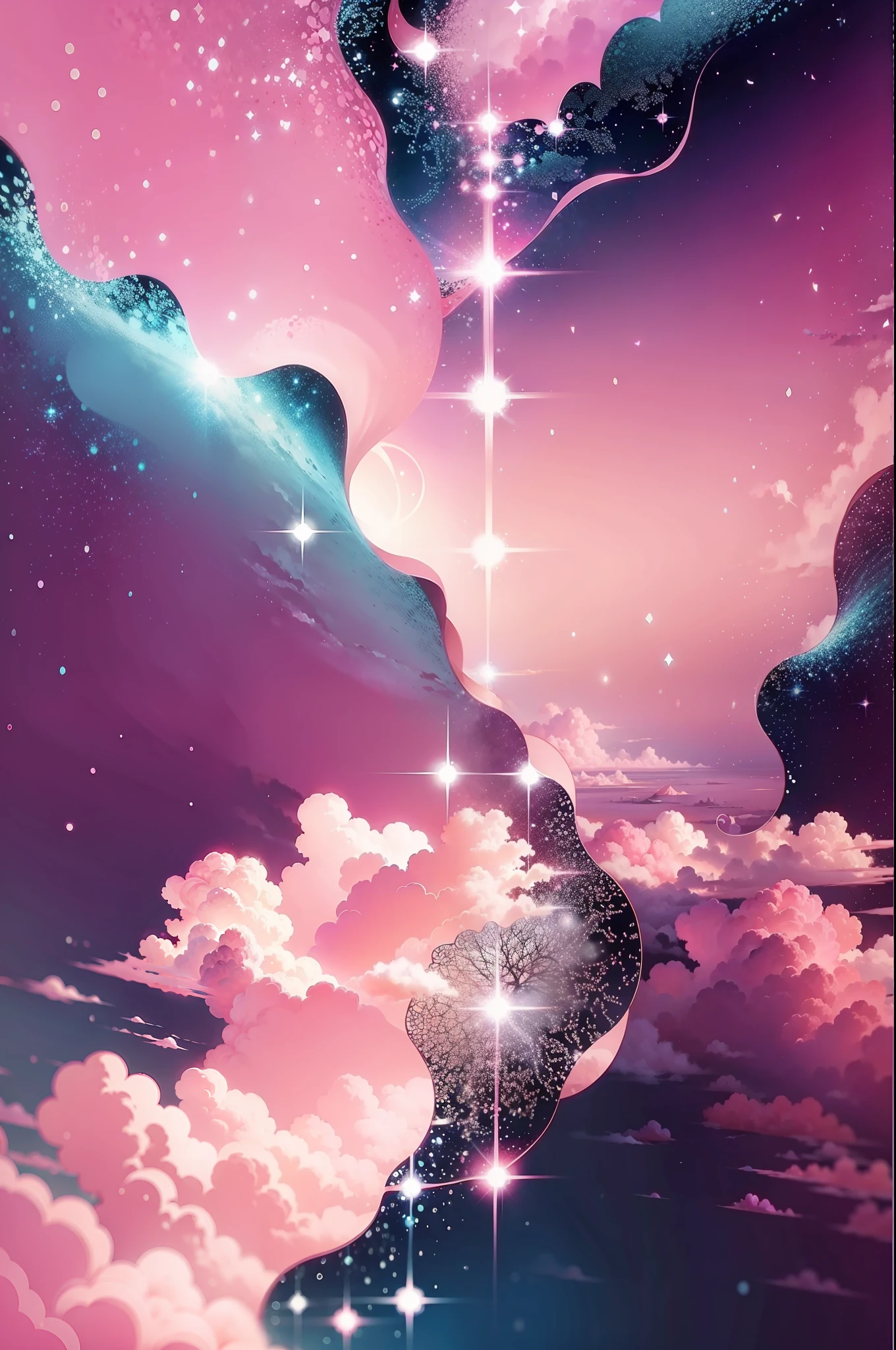 Fundo rosa claro, glitter, nuvens brancas, estilo anime