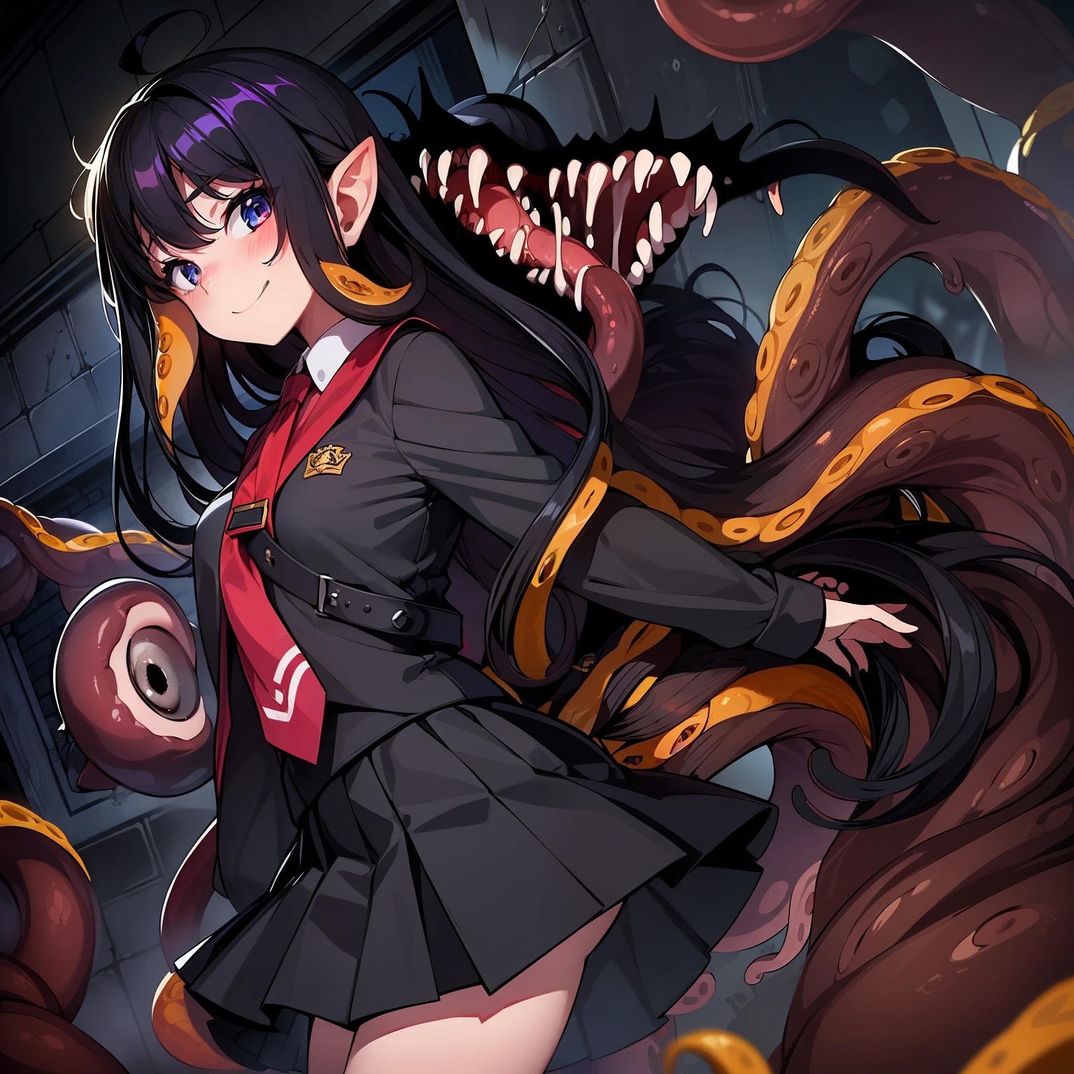 ((Girl fused with tentacles. Tentacles from the skirt)). School uniform. Black costume. A dark-haired. The long-haired. Cropped bangs. natta.two eyes sticking out of the head,,. facing front. A creature with a large mouth peeks out from above. Invincible smile. Short skirt. natta. Back alley