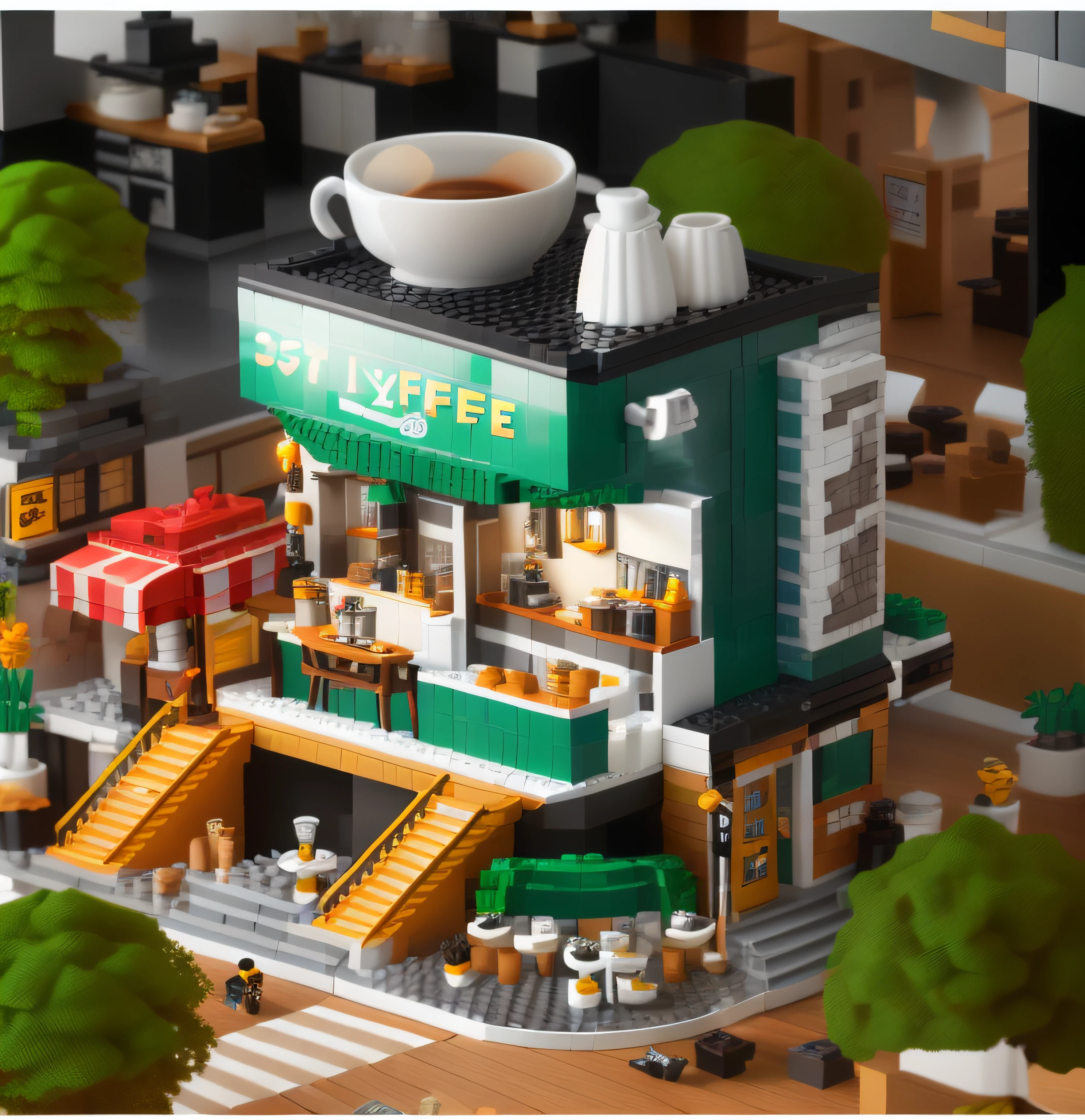 There is a miniature model of a coffee shop, Highly detailed visual effects espresso,LEGO building block style,stylized 3d render, hyper detailed 3d render, hyper detailed 3d render, 3 d stylize scene, hyper detailed scene, 3 d render stylized, highly detailed scenario, highly detailed 3d render, highly detailed 3d render, miniature cafe diorama