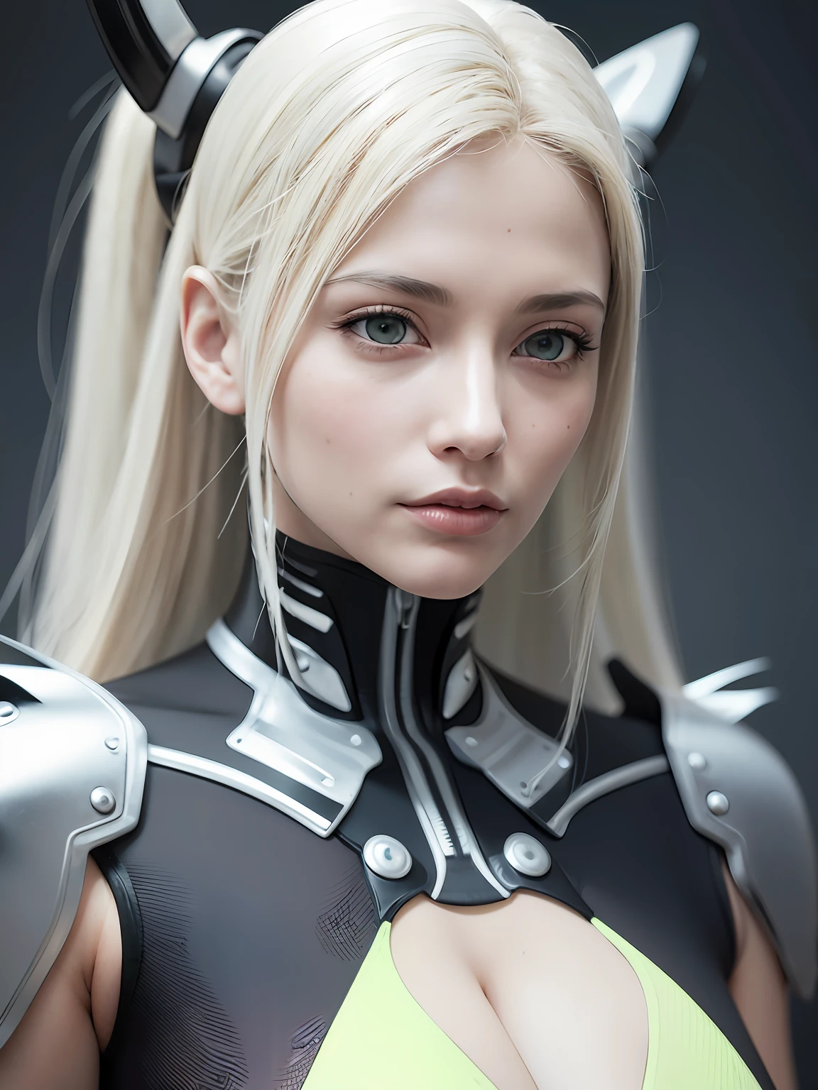 complex 3d render ultra detailed of a beautiful porcelain profile woman android face, white hair, green eyes, black gross lycra body suit, luminous blue strip, cyborg, look at viewer, 150 mm, soft light, rim light, vibrant details, luxurious cyberpunk, lace, hyperrealistic, anatomical, facial muscles, tight body, cable electric wires, microchip, elegant, beautiful background, octane render, H. R. Giger style, 8k, best quality, masterpiece, illustration, an extremely delicate and beautiful, extremely detailed ,CG ,unity ,wallpaper, (realistic, photo-realistic:1.37),Amazing, finely detail, masterpiece,best quality,official art, extremely detailed CG unity 8k wallpaper, grin, close up, face focus, (detailed face:1.2), (detailed eyes:1.2), futuristic city, building, outdoor