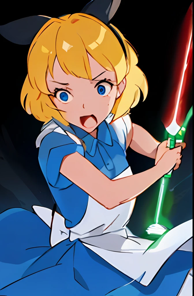 solo alice liddell showcasing her skills with a lightsaber swinging