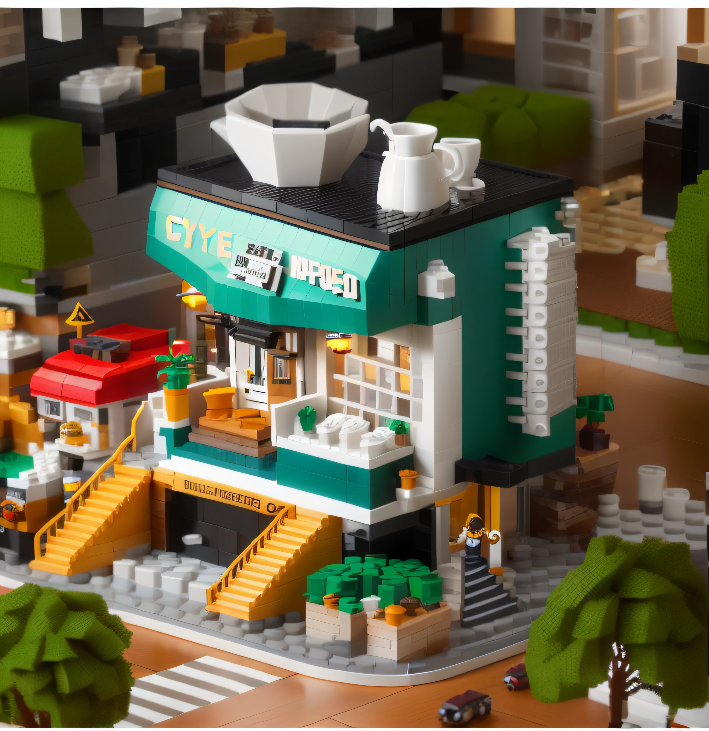 There is a miniature model of a coffee shop, Highly detailed visual effects espresso,LEGO building block style,stylized 3d render, hyper detailed 3d render, hyper detailed 3d render, 3 d stylize scene, hyper detailed scene, 3 d render stylized, highly detailed scenario, highly detailed 3d render, highly detailed 3d render, miniature cafe diorama