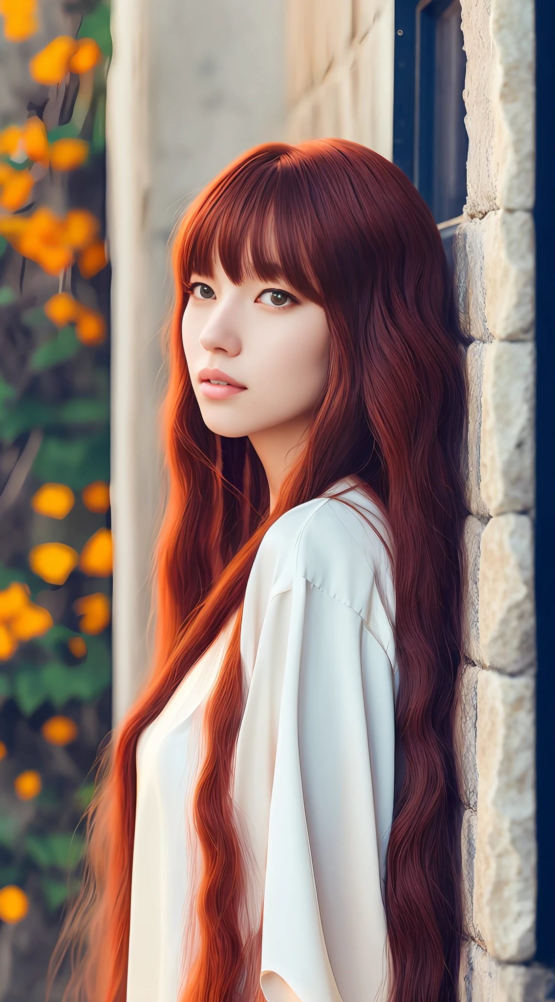 Longing for women,Long red hair leaning against the wall, long whitr hair,Thick bangs, Long hair with bangs, lalisa manobal, ulzzangs, Long white hair and bangs, sun yunjoo, Brown hair long,By bangs, long glowing ethereal hair, ilya kuvshinov with long hair, With long hair, With bangs