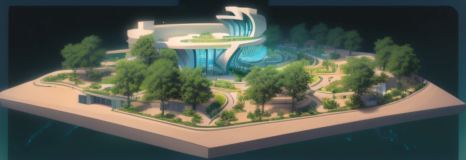 A park floating in the sky,There are a large number of clouds in the air,It has a large area of empty park,There are some merchandise display areas in the park,There are science and technology sports venues in the park,There are two entertainment areas in front of the venue,The venue is low but large,Open sports venues,An architectural masterpiece of the Games from the future,A fusion of nature and technology,Open space modern style,glass window,open ceiling, overlooks,Advanced intelligent structure,The concert venue is located in a Ghibli-style park,Wide-angle perspective,Surrounded by dense jungle,in style of ghibli,Feeling of warm colors,Futuristic urban sports venue architecture,Zaha Hadid style venue,Realistis