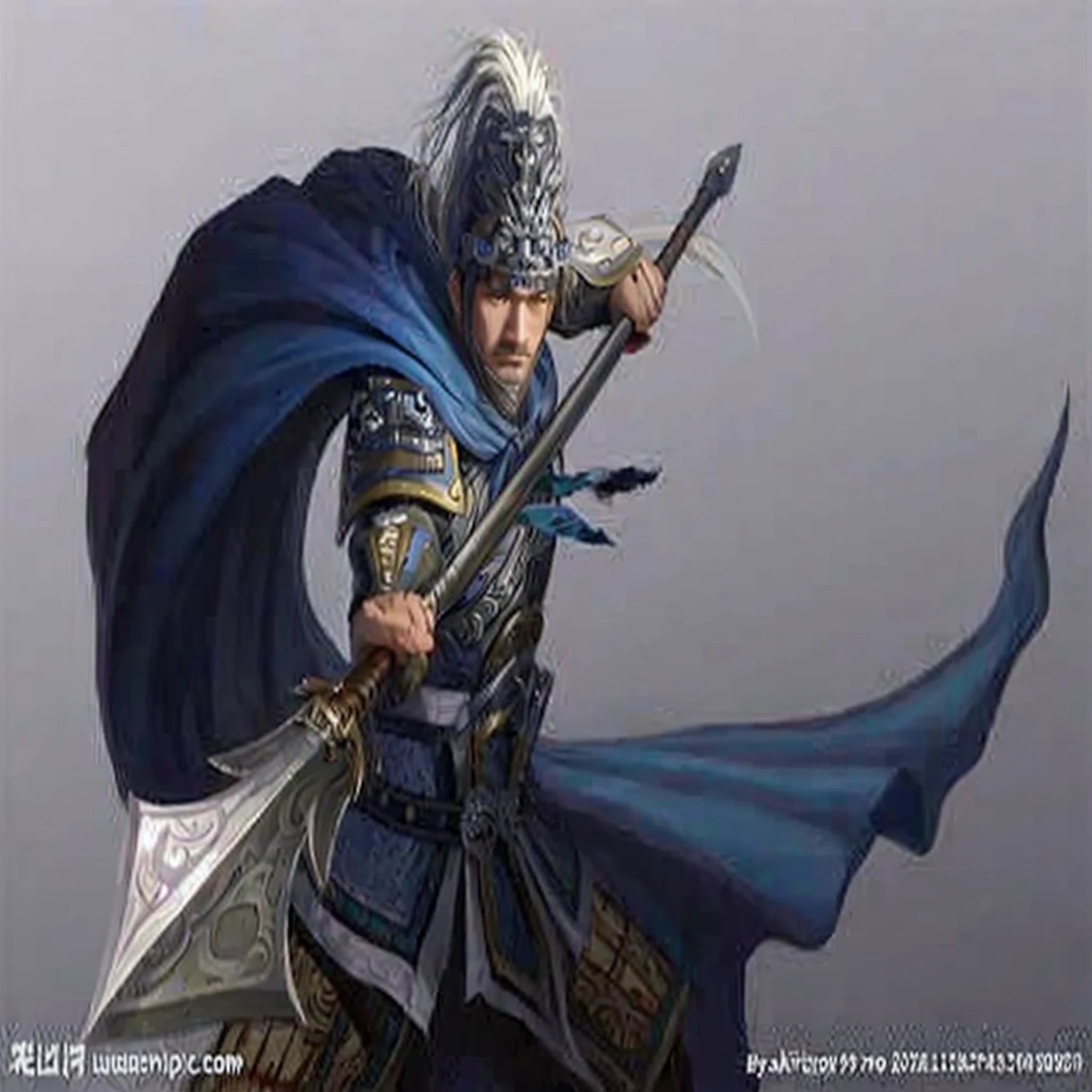A man in a blue cloak holds a sword and a sword, zhao yun, Chinese Warrior, by Yang J, Yang Qi, author:Qu Leilei, Guan yu, Inspired by Hu Zaobin, author:Li Di, picture of an adult male warrior, inspired by Li Gonglin, Inspired by Zhao Yuan, xianxia hero