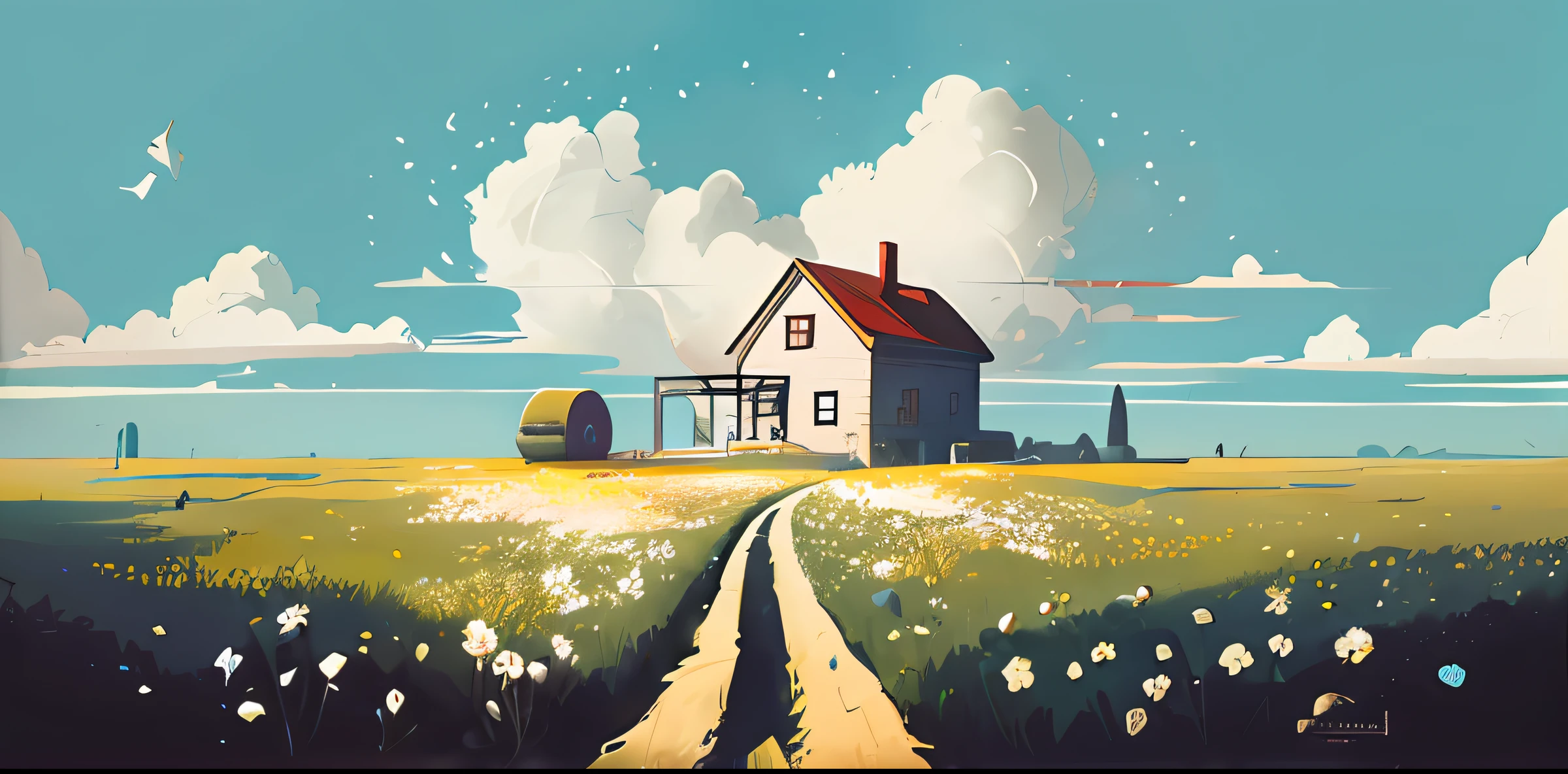 There is a painting of a house in a field with a road, dan mcpharlin, Inspired by Atey ghailan, in style of atey ghailan, by Atey Ghailan, atey ghailan 8 k, james gilleard artwork, A beautiful artwork illustration, rhads and lois van baarle, Lofi art