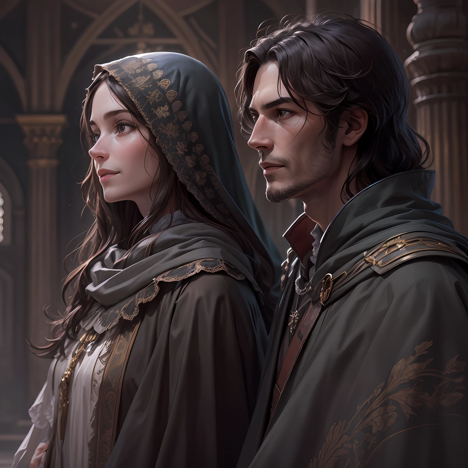 Duo of a woman and a man, side-view, Hi-Def, ultradetail, European facial features, realeme fentezi, Pattern, portraite of a, side view: female, 46 years old, dark brown long hair, dark eyes, Smiling, dressed in an old shabby gray cloak,Beautiful handkerchief, wrapped around her head, Hands raised up, Clarity: 8 kk, scenery: side view Huge throne room with large windows, A girl in an old cloak stands near the throne, In the background near the throne is a man, Rear side view A man standing behind a throne