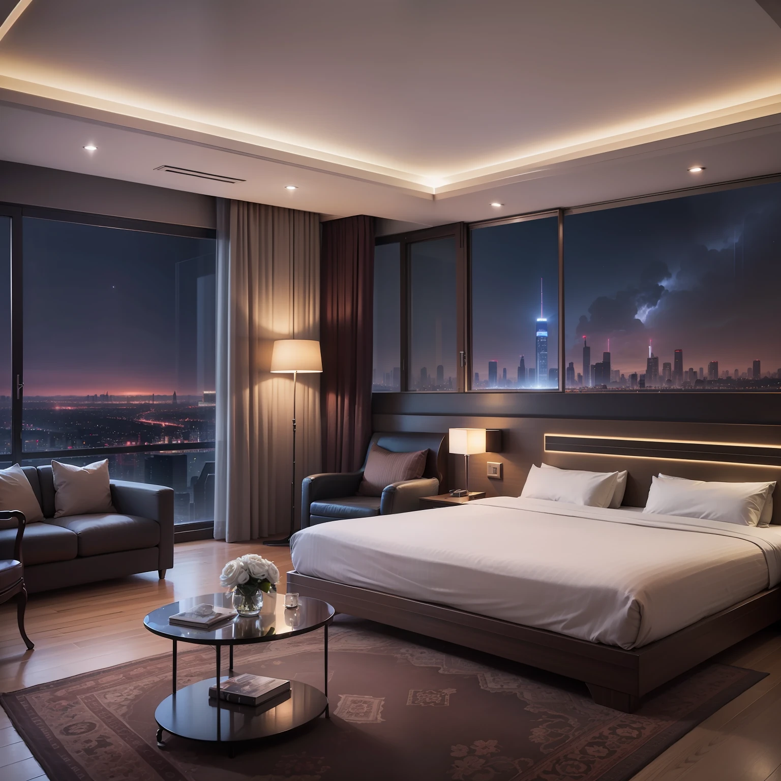 Room with night view　hotel　suite room　near future　cyberpunked　top-quality　​masterpiece　超A high resolution