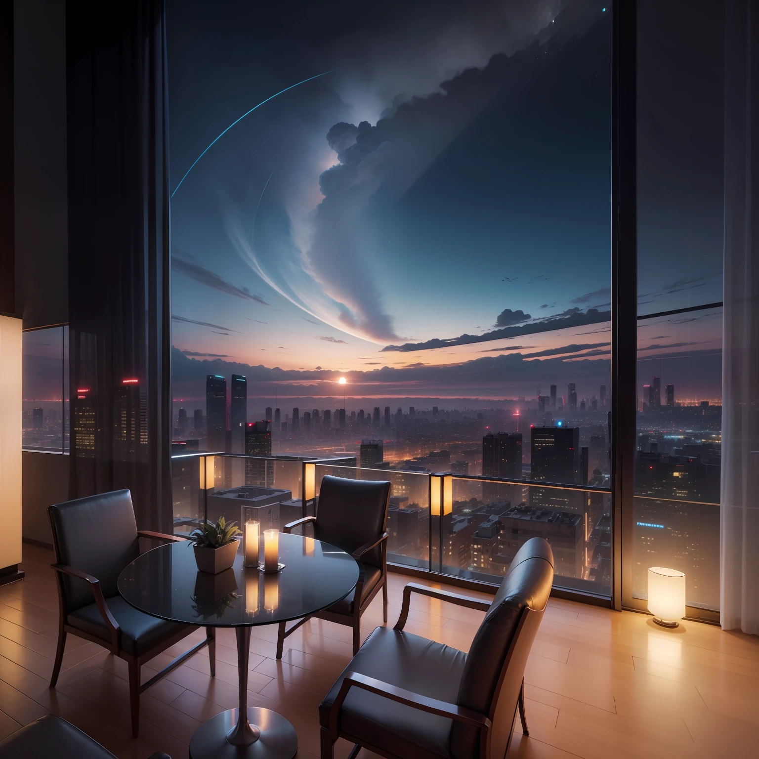Room with night view　hotel　suite room　near future　cyberpunked　top-quality　​masterpiece　超A high resolution