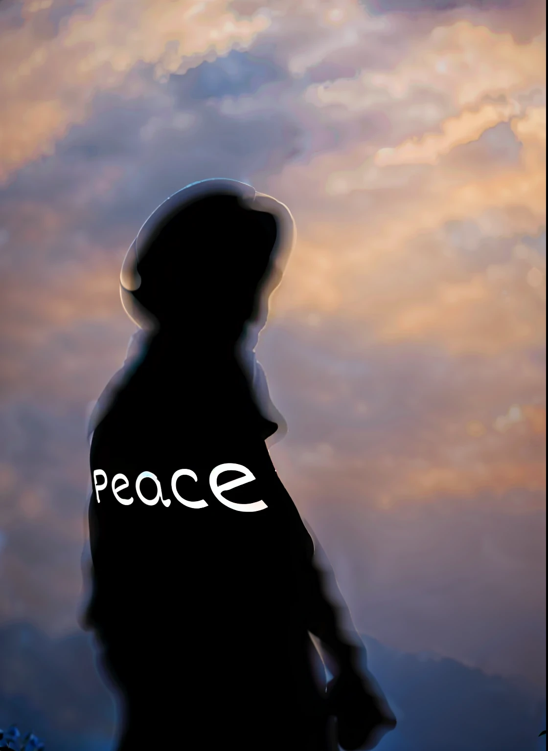there is a silhouette of a person with a hat on, peacefull, peace, peace atmopshere, world peace, peaceful expression, peaceful face, inner peace, at peace, peaceful, peace and love, peace sign, peaceful mood, emptiness and peace, love peace and unity, edited, un dia de paz, absolute peace and quiet, silhouette :7