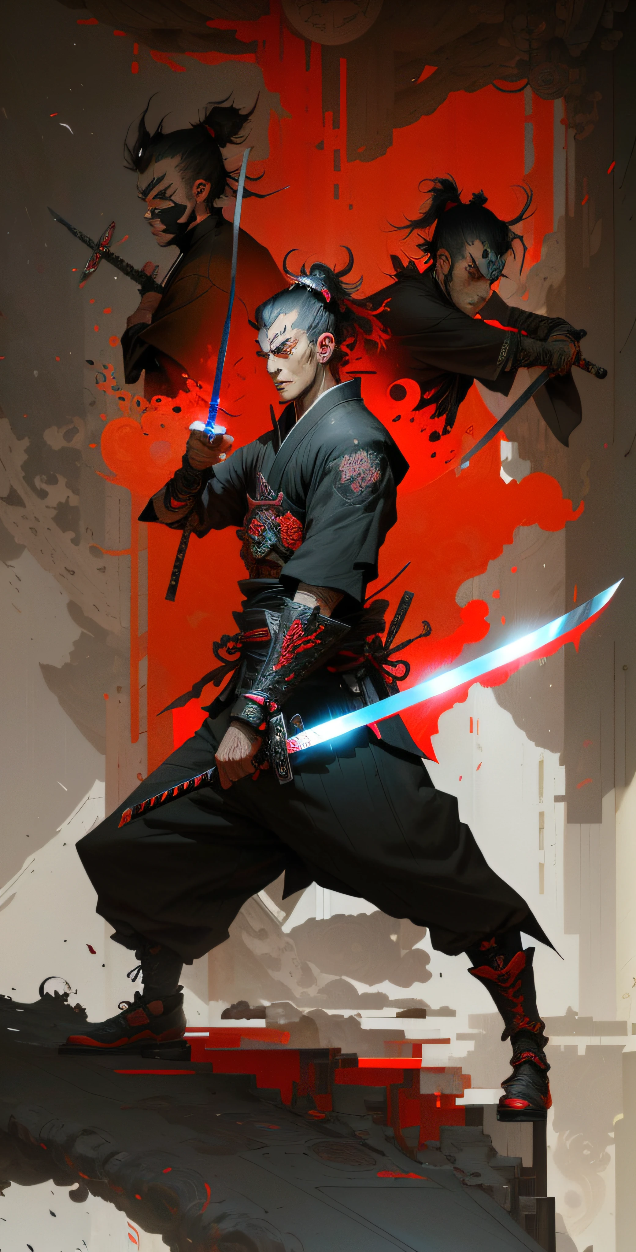 There is a sword shadow behind the anime characters, benedick bana, Cyberpunk Samurai, Badass anime 8 K, very beautiful cyberpunk samurai, portrait of a cyberpunk samurai, inspired by Kanō Hōgai, cyborg ninja, Urban Samurai, goth ninja, Demon Samurai, cyborg samurai, demon samurai warrior, Samurai style, inspired by Kanō Sanraku