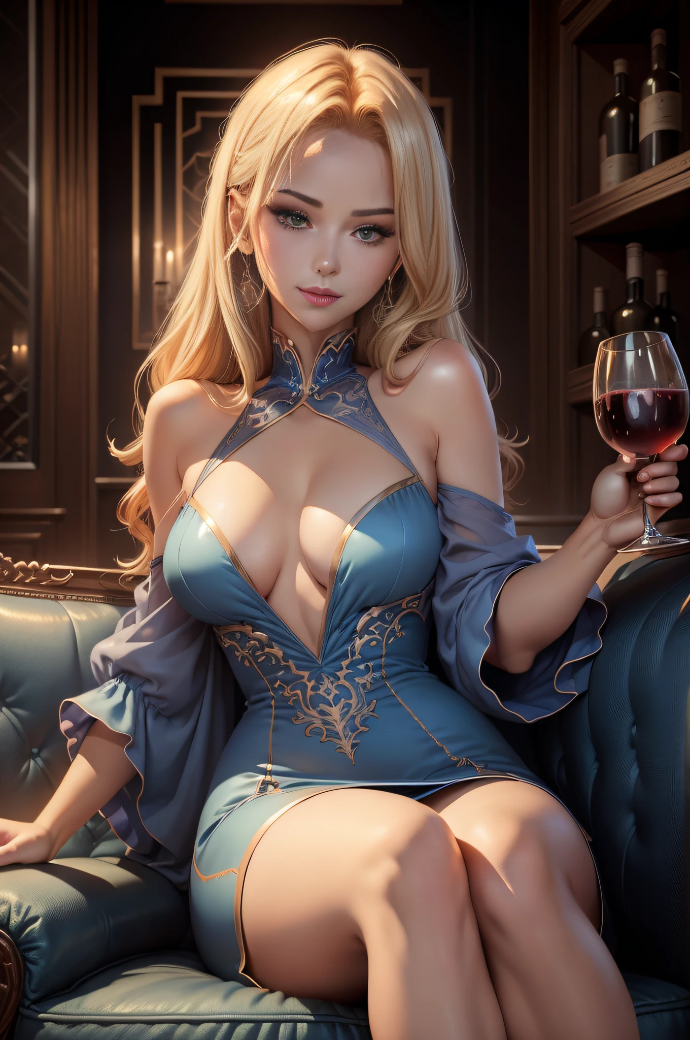 nardack style, Blonde woman in blue dress sitting on sofa drinking a glass of wine, beautiful and seductive anime woman,Look at the camera, Bar background，Extremely detailed Artgerm, tmasterpiece, anime illustration,  High detail,  drinking a drink