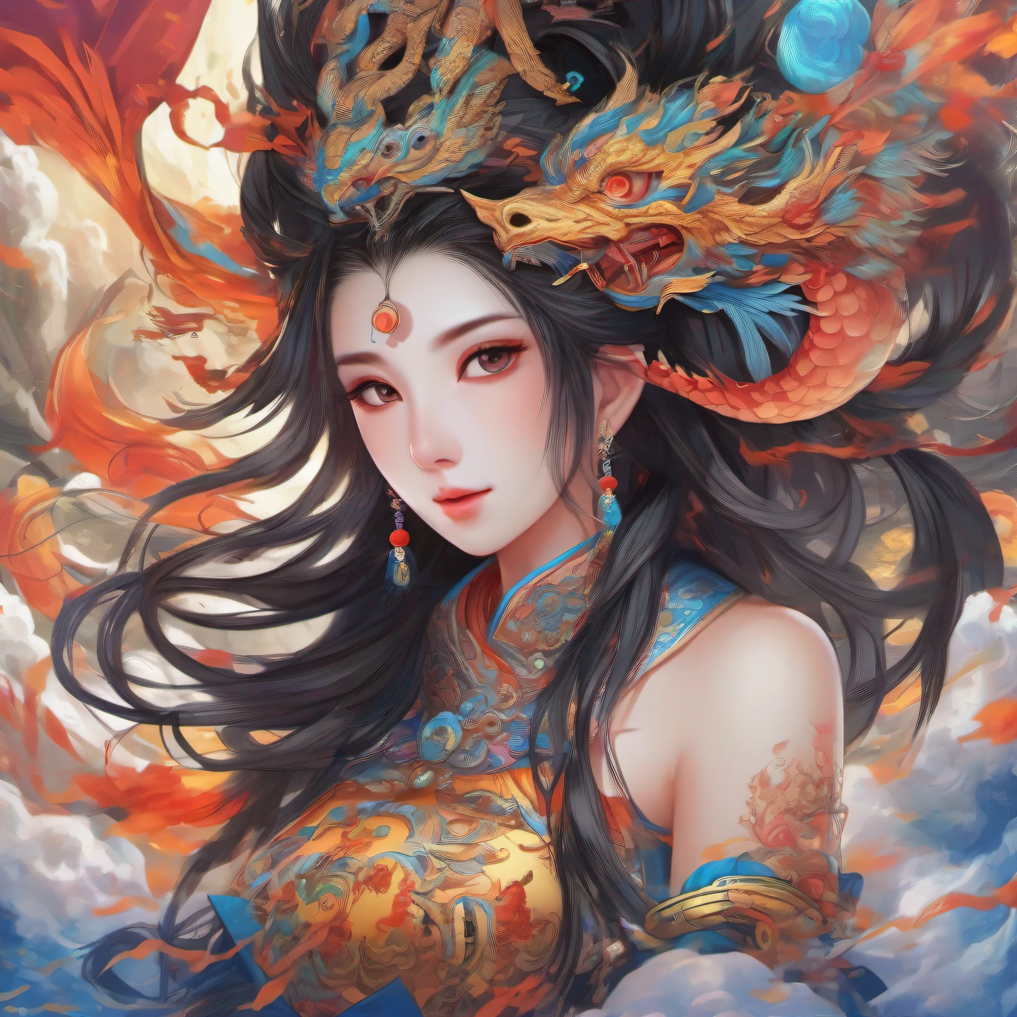 Official Art, Unified 8K Wallpapers, Ultra Detailed, Beautiful and Aesthetic, Masterpiece, Best Quality, (Zentangle, Tangle, Entangle), (fractal art: 1.4), 1girl, black hair, Chinese, bare shoulders, short skirt, calf, navel, very detailed, dynamic angle, cowboyshot, (most beautiful form chaos), flowing, (bright colors), oc, (half: 1.2), china, (thangka flying sky: 1.5), (ribbon: 1.3), (dream: 1.5), (hanfu: 1.5), Chinese dragon, Chinese phoenix, (smile: 0.5), (Chinese deity),