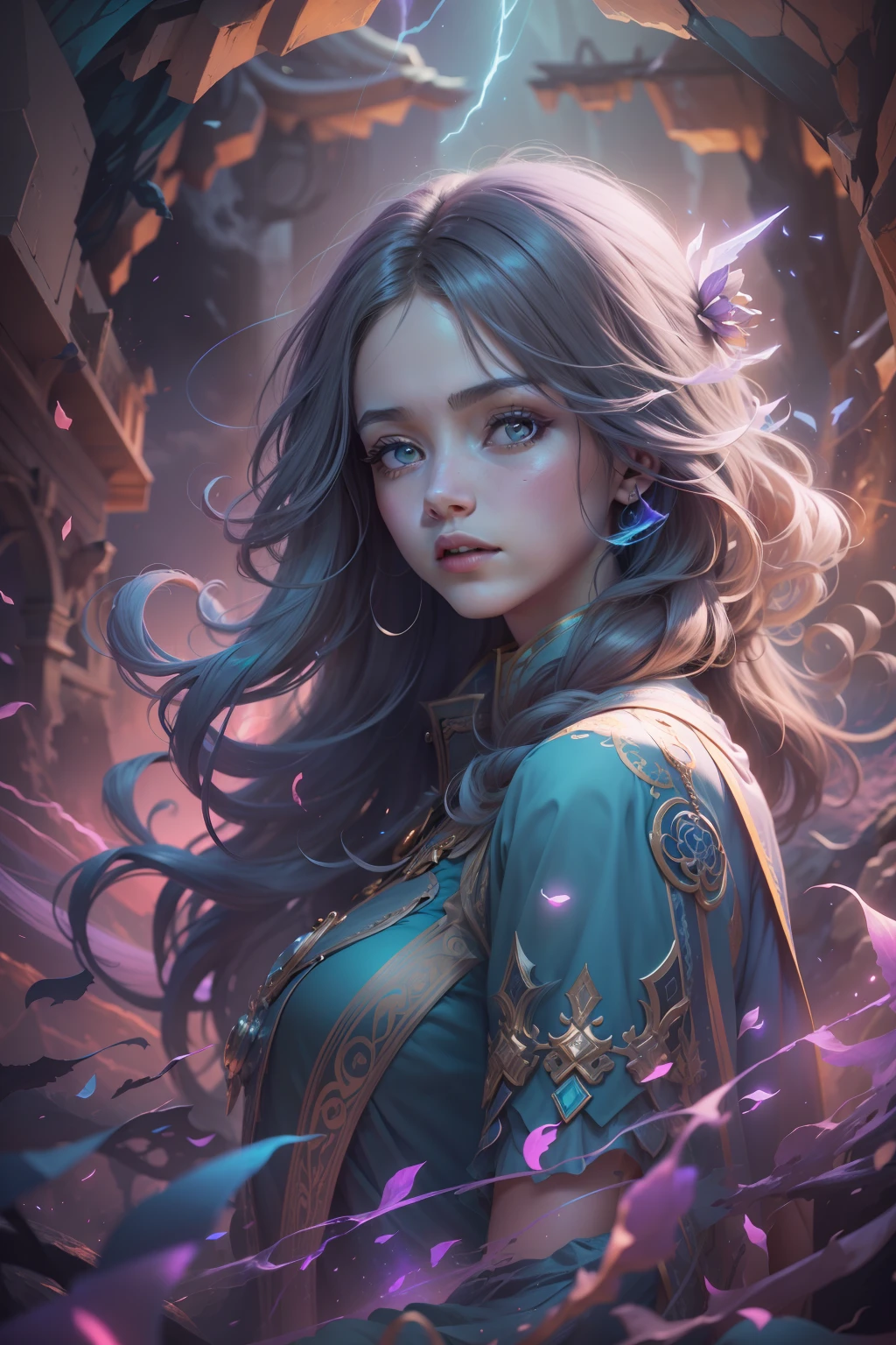 Picture quality:A masterpiece of high detail,8K,High-resolution body content:Leads to the abyss,Broad perspectives,fanciful,Full of mystery,Bask in the breath of chaos,Hopeful,Divine piety ,1 Girls make up a small percentage of the picture,Looking into the distant background:Dazzling color atmosphere:Mysterious and unknowable sense of light,Intense violet light,Magic beam,The fantasy of the future world is intertwined with reality,Color:Infused with ethereal hues and luminous turquoise hues,High purity color, composition:Vista composition,tilted angle,ultra-wide-angle,Style reference:Virtual Engine,The magical texture of the ghost spark,Chaotic real world