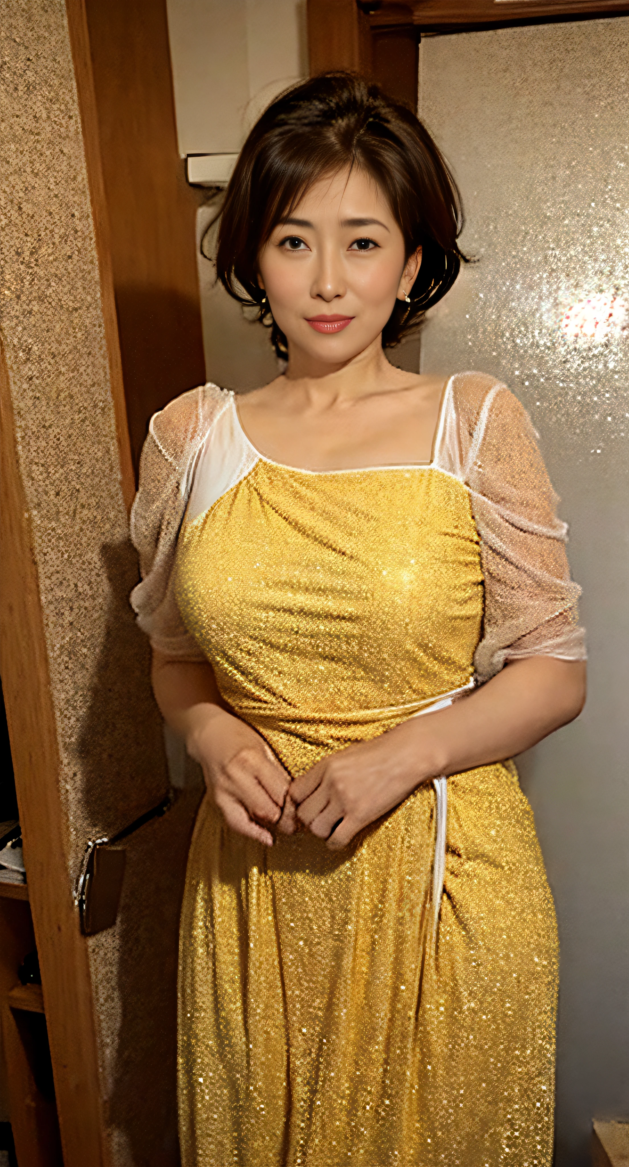48-year-old woman,48yo,in beach,Yellow dress transparent dress,,Bigchest,