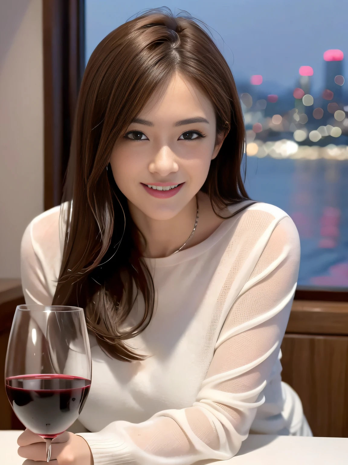 (64K, UHD, top quality, masterpiece: 1.2), (realistic, photorealistic: 1.37), super detailed, pretty woman 1 person, (slim face), (slim body), (brown hair), (short cut), cheeks slightly blushing, (44 years old), 38 years old, solo, beautiful detailed urban night view outside the window, restaurant, wine glasses sit, at night, in a prominent placeNovaFrogStyle, Actress, Model, Waist Up, White Wine, Slim, Wine Glass, Super Clean Night View, Wine Glass Put in the Middle, Happy Smile, (Smile: 1.15), Beautiful Fine Eyes, Upper Body, Bust Japan Up, Night, Short, Short, Actress, Model, Waist Up, White Wine, Slim, Wine Glass, Super Clean Night View, Wine Glass Put in the Middle, Happy Smile,
