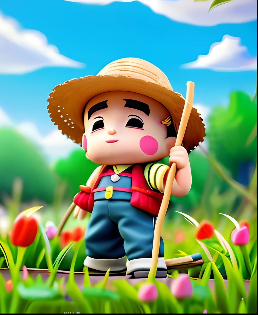 Close-up of cartoon character holding a stick in a field, Cute detailed digital art, japanesse farmer, farmer, portrait of hide the pain harold, tiny villagers, hide the pain harold, lovely digital painting, cute 3 d render, adorable digital art, Mobile game art, amazing wallpapers, lovely art style, Mobile game background, high-quality wallpaper