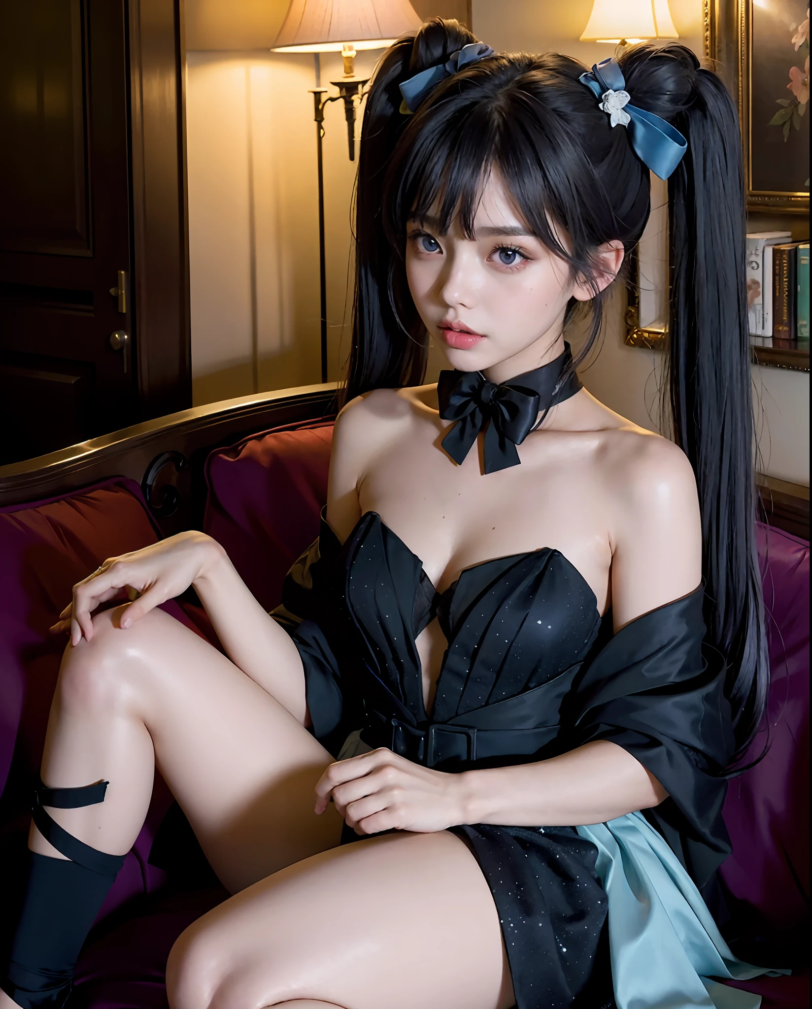 (masterpiece, best quality), beautiful girl, sitting down, point of view, keqing (opulent splendor) (genshin impact), keqing (genshin impact), official alternate costume, dress, cone hair bun, night, strapless dress, looking at viewer, long hair, , black dress, hair bun, strapless, bare shoulders, purple hair, bangs, bow, detached collar, purple eyes, diamond-shaped pupils, ribbon, double bun, twintails, two-tone dress, medium breasts,rnament, black bow, hair ribbon, blue dress, bowtie, hair between eyes,