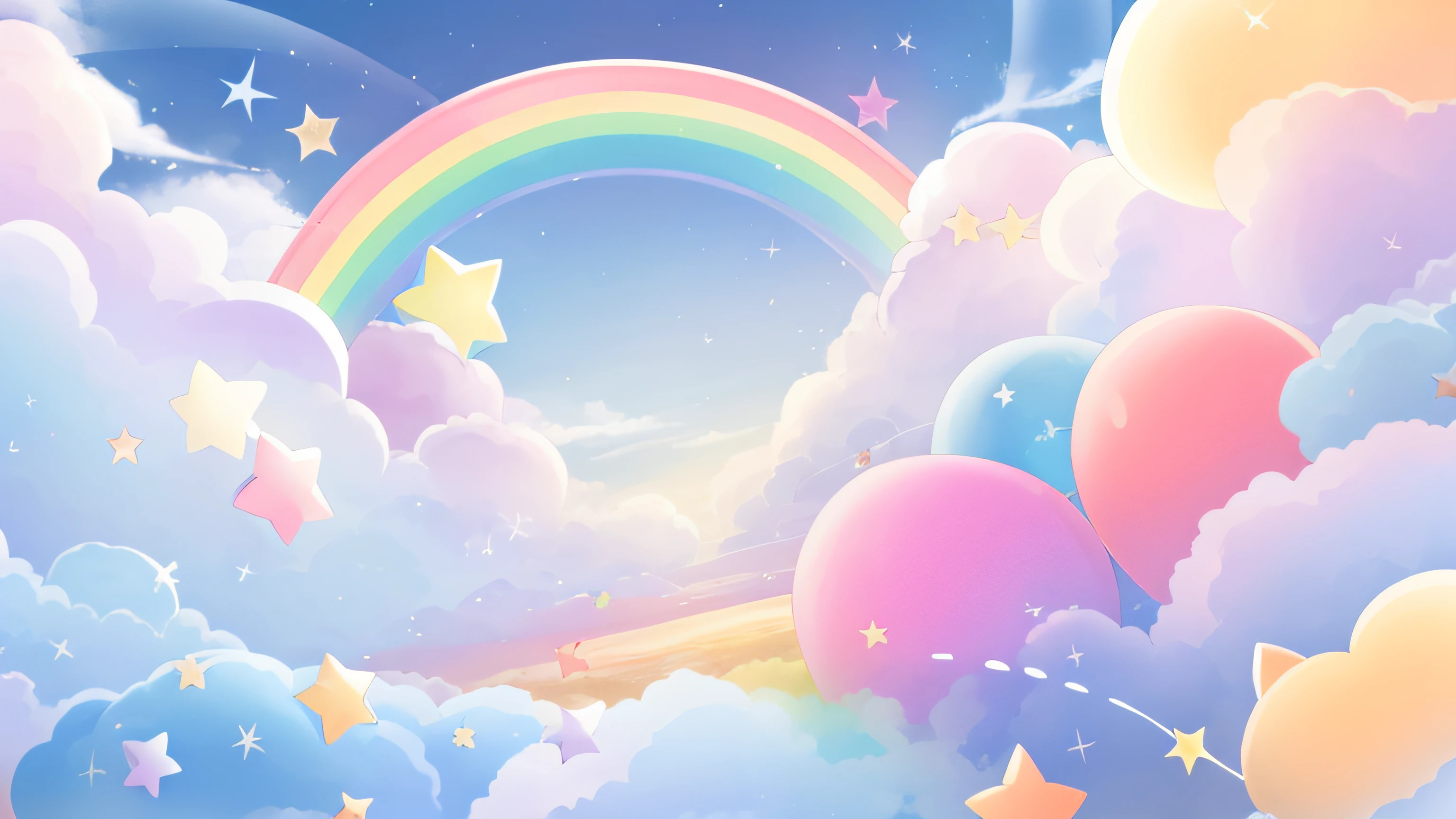 There are many small stars and clouds in the sky, rainbow bg, pastel rainbow, bright rainbow nimbus, dreamlike illustration, adorable digital art, fantasy puffy sky, ethereal rainbow nimbus, Rainbow clouds, colorful anime movie background, arte de fundo, background artwork, dreamy scenes, background is heavenly, anime backgrounds, Kawaii colors, Cute detailed digital art, raining rainbow