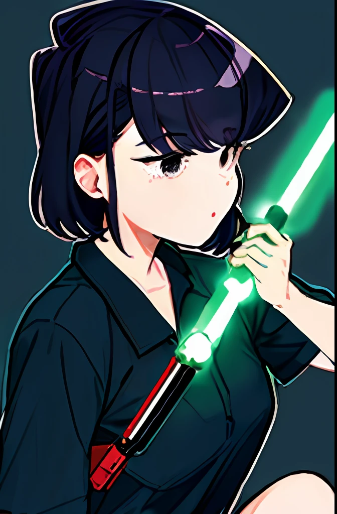 solo komi shouko  showcasing her skills with a lightsaber swinging