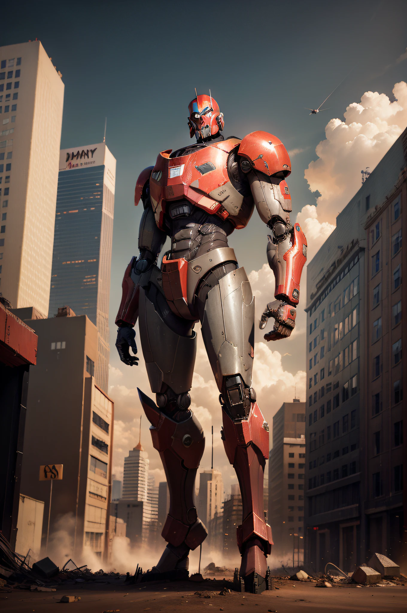 A tall war robot,Run-down city,Doomsday style,Robot standing in the heart of the city,Look up at the camera,frontage,8K,Super HD