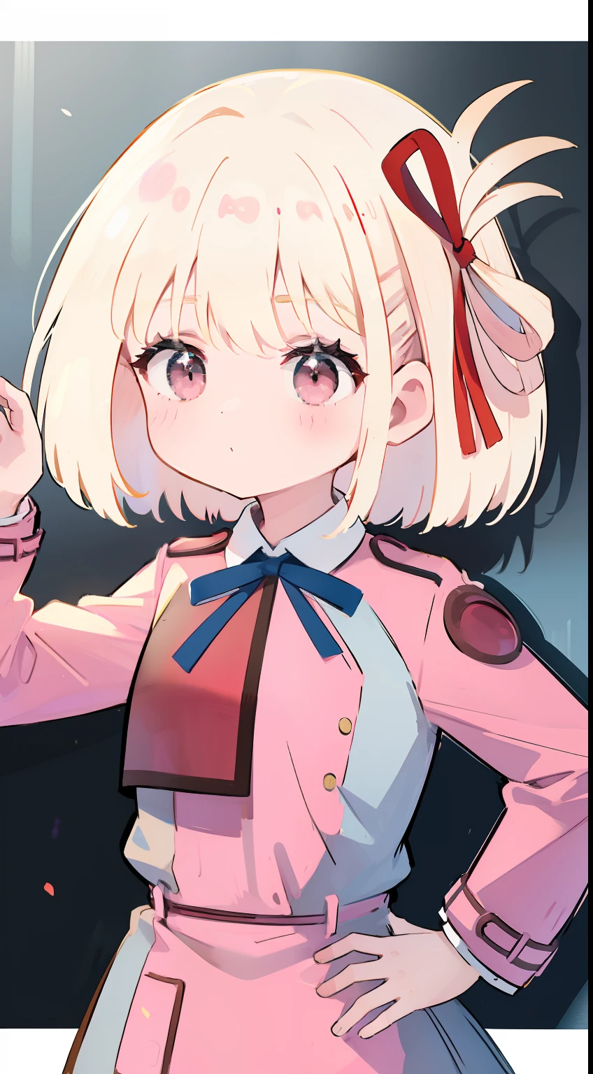 Chibi、Pink military uniform、skirt by the、bow ribbon、Straight face、happen、Hanging eyes、put hands on the hip、​masterpiece、Top image quality、top-quality、cute little