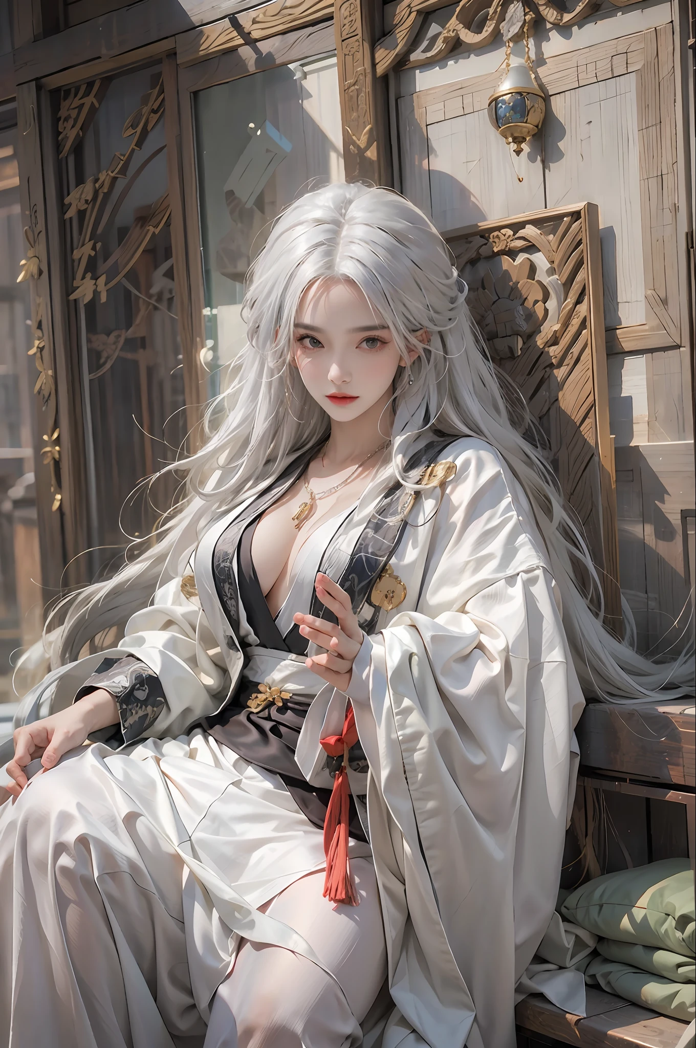 photorealistic, high resolution, 1women, solo, hips up, look at viewer, (detailed face), white hair, long hair, Taoist robe,oversized clothes, jewelry, midjourney portrait
