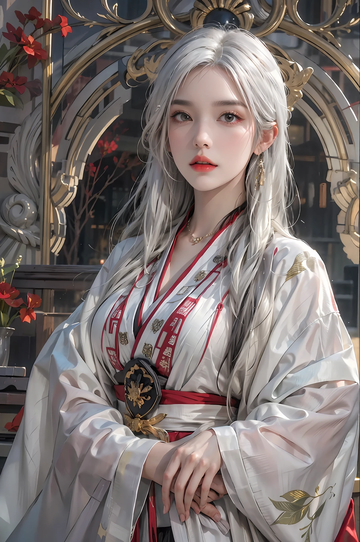 photorealistic, high resolution, 1women, solo, hips up, look at viewer, (detailed face), white hair, long hair, Taoist robe,oversized clothes, jewelry, midjourney portrait