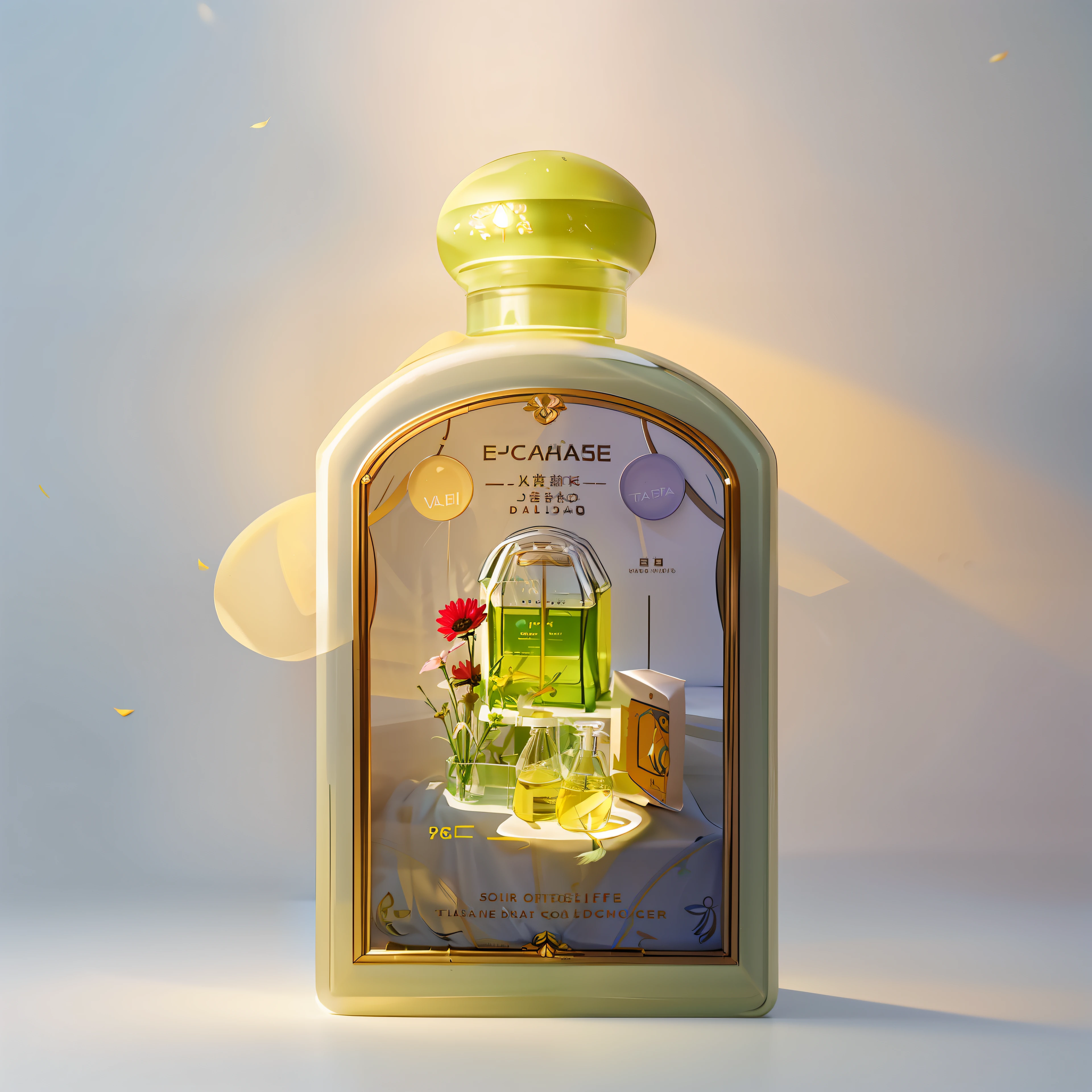 tmasterpiece，best qualtiy，（The is very detailed的 CG unified 8k 壁纸）（best qualtiy），（Most Best Illustration），（Best shadow） Natural Valley Calendula Calendula petals of various colors fall in the air under ray tracing，ultra - detailed，The label is white，Solid background color，Yellow soft light irradiation，The bottle is made of plastic ，Colorful hats，grassy fields，There are tents in the back，Leave it as it is，Generate a beautiful background atmosphere，Product photography of a perfume bottle arranged with plants and flowers, realistic, light background, realistic rendering --v 6