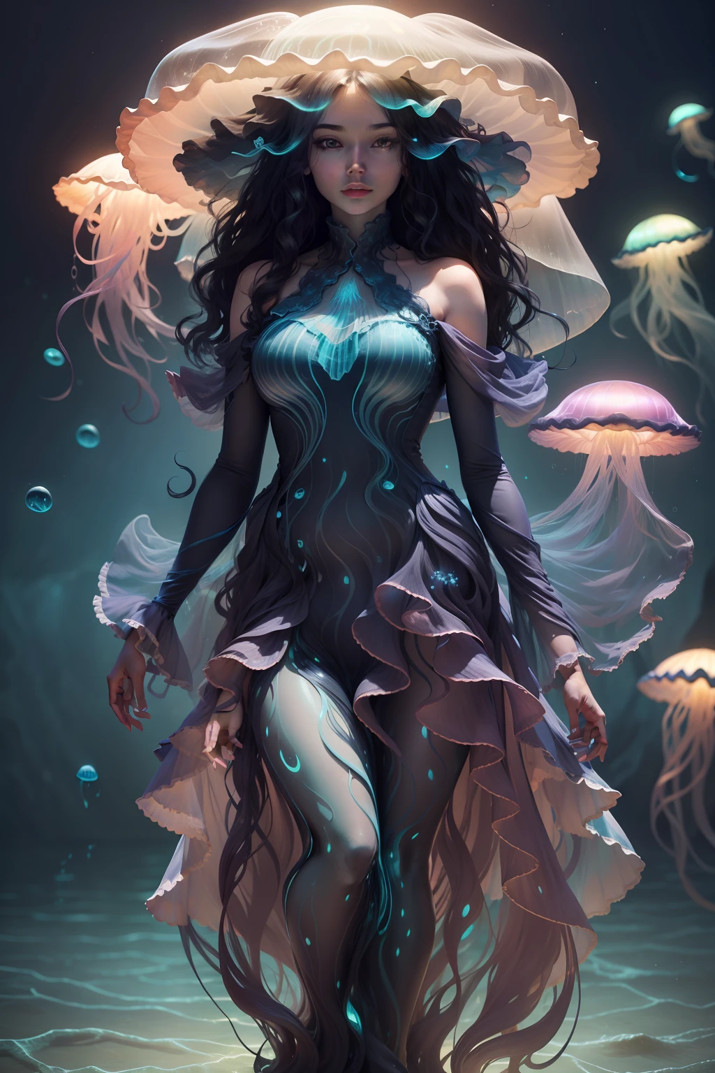 A full body image of an extremely beautiful woman wearing a bioluminescent jellyfish hat, wearing a matching beautiful flowing seaweed dress hyperrealism photo quality 64k resolution in a beautiful bioluminescent sea.
