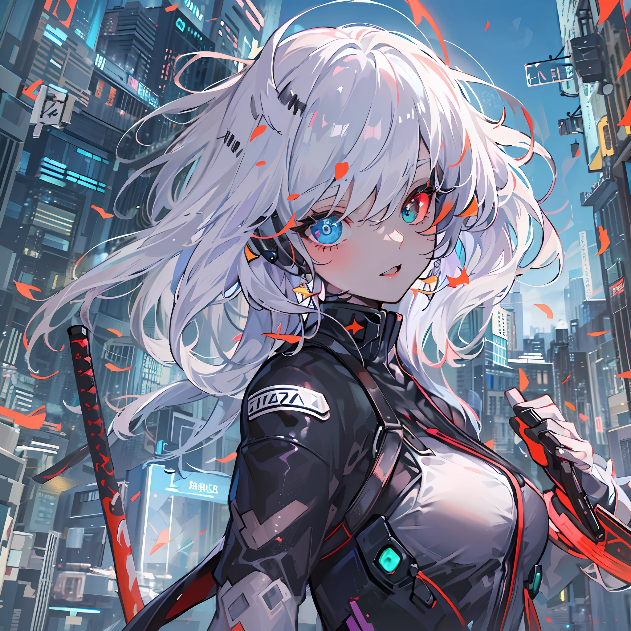 (absurdres, highres, ultra detailed),(Masterpiece, best quality:1.2),1girl, wearing a black suit, futuristic suit,two katanas at the back, heterochromia,blue and red eyes,white hair,aether gazer, surrounded by futuristic buildings, vibrant colours, extremely detailed eyes,sfw