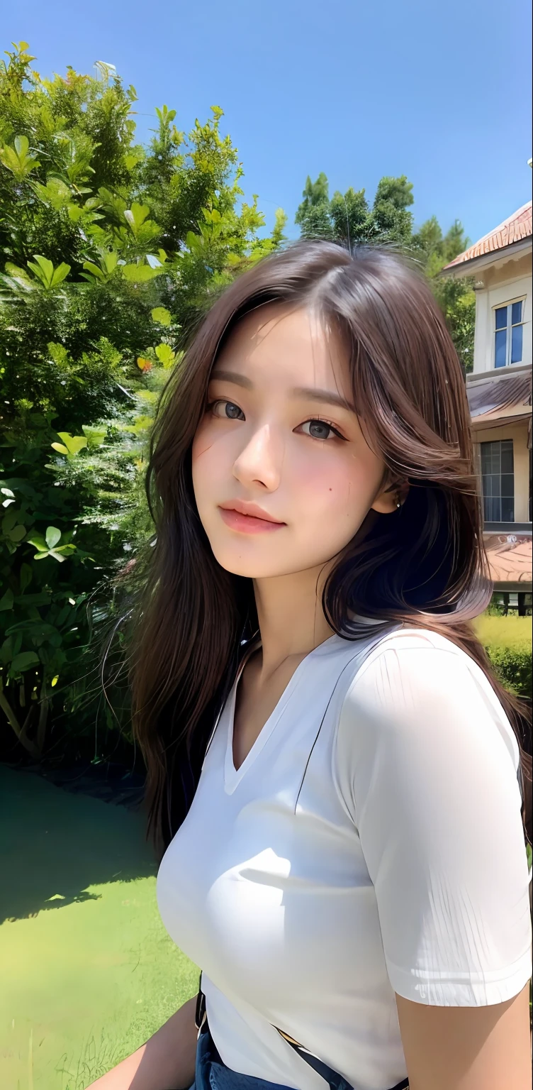(Daytime, Excellent, 8K, Masterpiece:1.3)), Full body, Long legs, Focal length: 1.2, Perfect Body Beauty: 1.4, Slim Abs: 1.1, ((Dark Brown Hair, Big Breasts: 1.2 )), (White Skinny T-shirt, Denim Suspenders, Standing: 1.2), ((City, Blue Sky and White Clouds: 1.3)), Highly detailed face and skin texture, Detailed eyes, Double eyelids,
