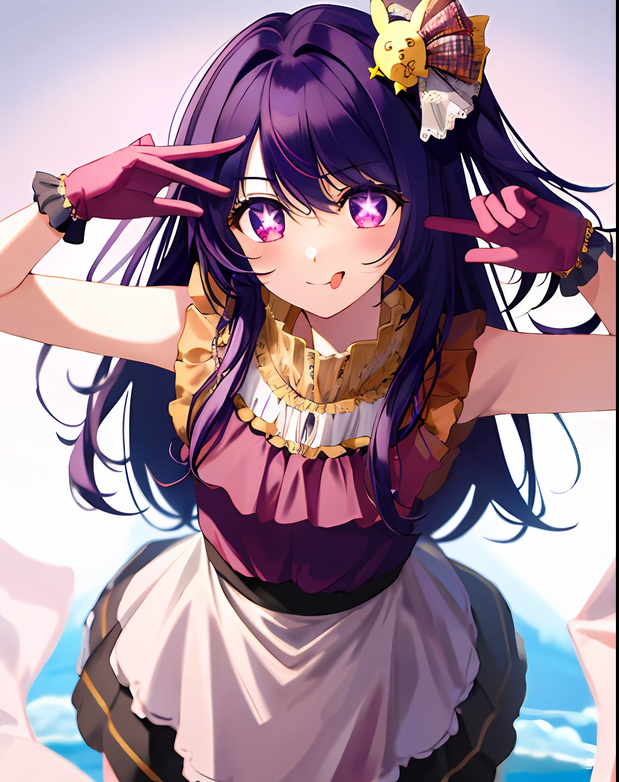 1girl, full body, cowboy shot,
(Rembrandt), illustration, (masterpiece), (best quality), (ultra_detailed), finely detail, (Depth of field),
HshinoAi,gloves, tongue out, tongue, long hair, star \(symbol\), looking at viewer, (purple hair:1.2), purple eyes, upper body, hair ornament, :p, frills, pink shirt, smile, sleeveless, shirt, idol, symbol-shaped pupils, hands up, bangs, one side up, star-shaped pupils, arms up,
dress pull,
Roaring Twenties, isometric, from above, sky, flower, cliff,