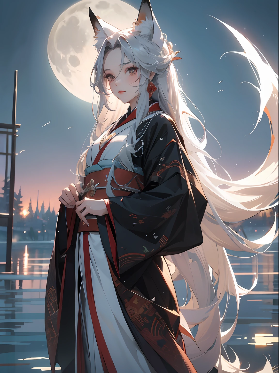 tmasterpiece，Best quality at best，1Beautifulwoman，Embrace the fox，sliver long hair，fox ear，fox tails，Look at the screen，Hanfu，Standing by the lake，the night，full moon，Whole body diagram，