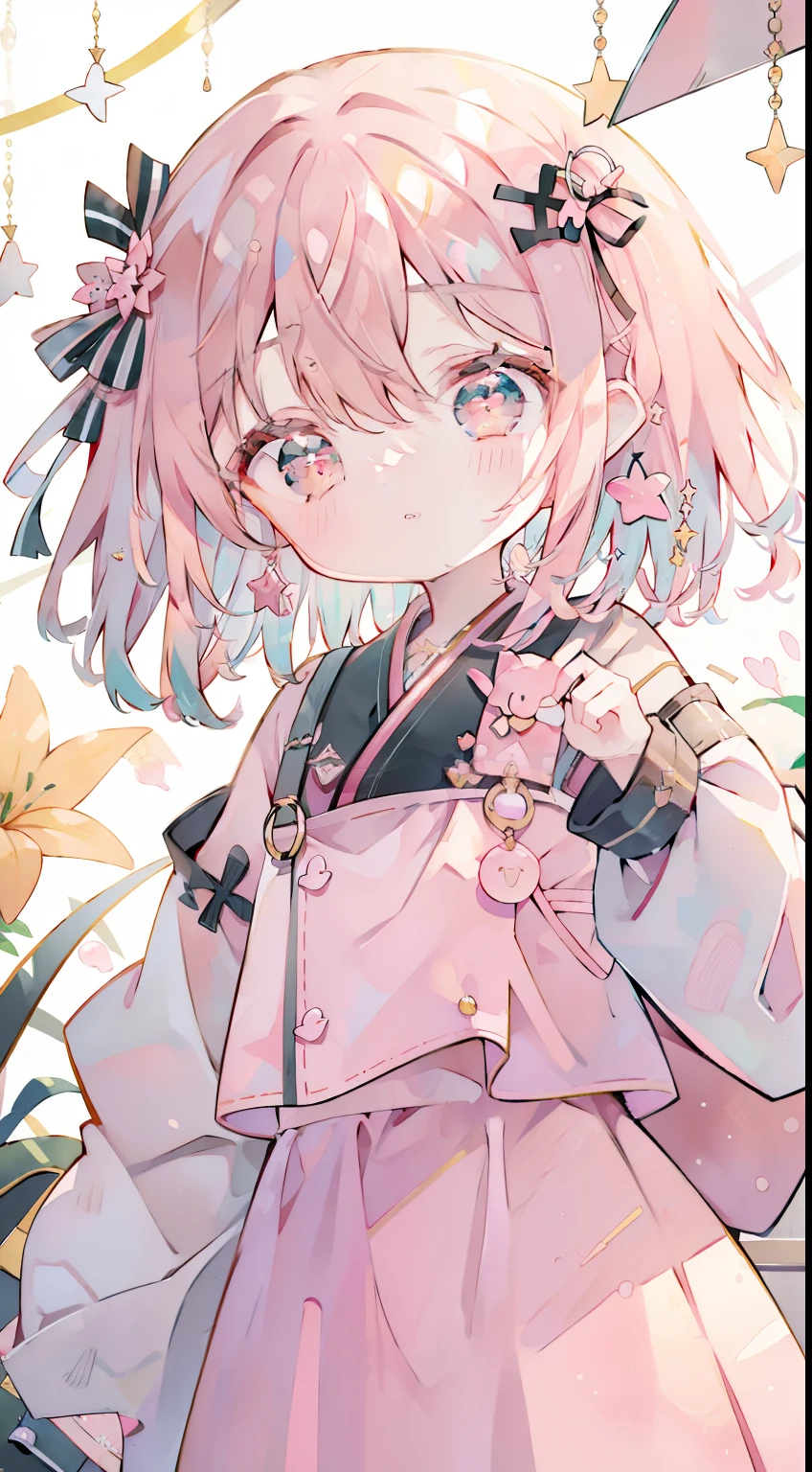 (((((Chibi)))))、Mini、dark pink hair、Medium Hair、Pink military uniform、skirt by the、bow ribbon、Straight face、happen、Hanging eyes、put hands on the hip、masterpiece、Top image quality、top-quality、cute little