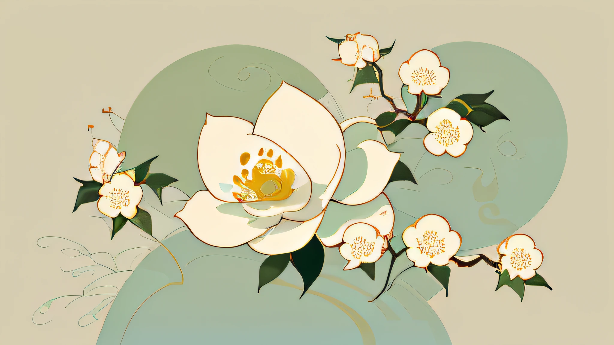 abstract paintings、(Zen Buddhism、Amy Sol Style)、(Winters)、(Green Tree、White camellia flowers、rivulets)、Light abstraction cover art、Simple vector art、fine art、Color gradient、Soft color palette、Layered Forms、Whimsical animation、Style Ether Abstract