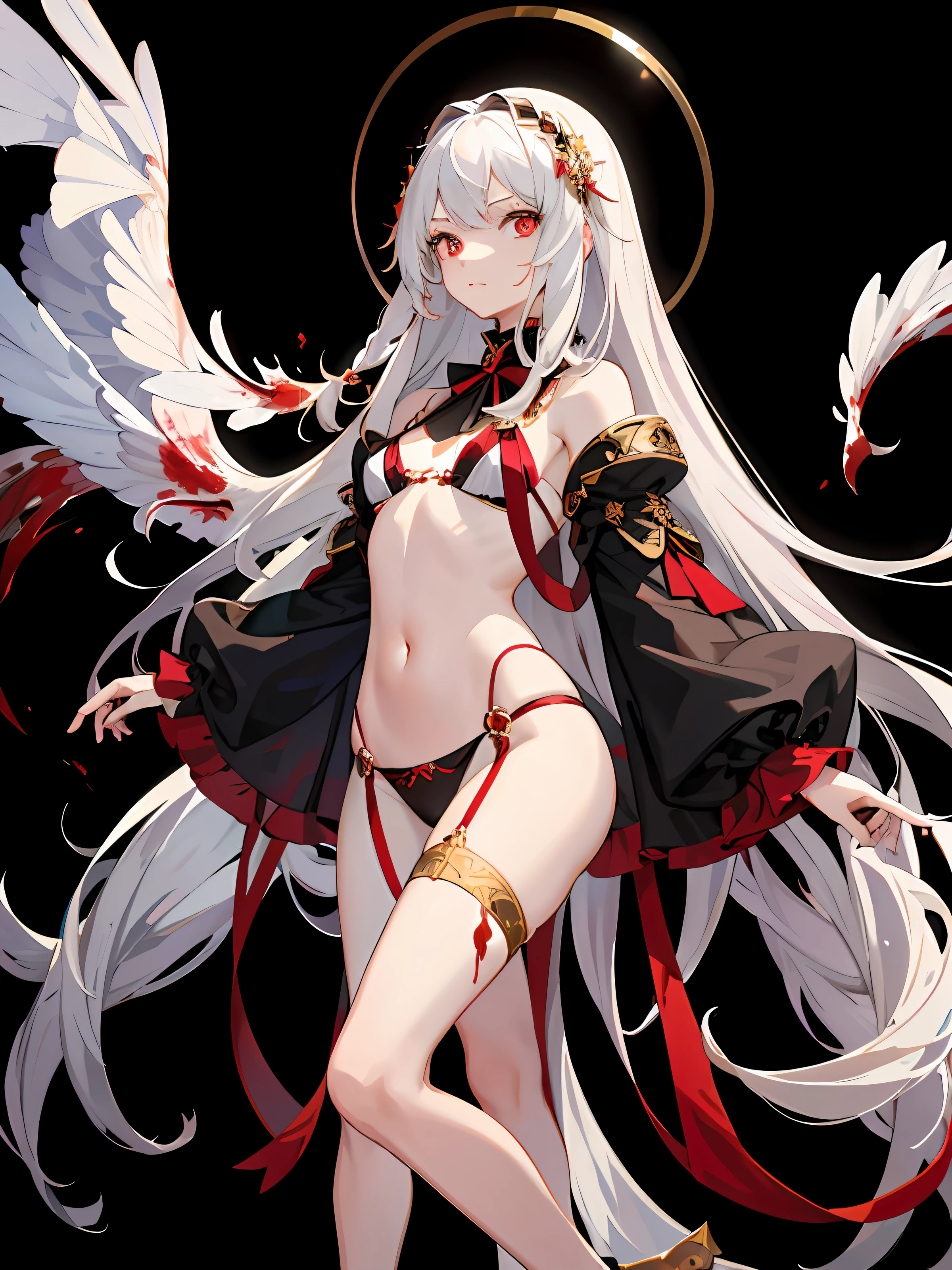 ((masterpiece, best quality)), beautiful and delicate eyes, delicate face, 1girl, long white hair, red eyes, small breasts, looking at the audience, blood on the face, (black background: 1.2), bloody particles, full body,