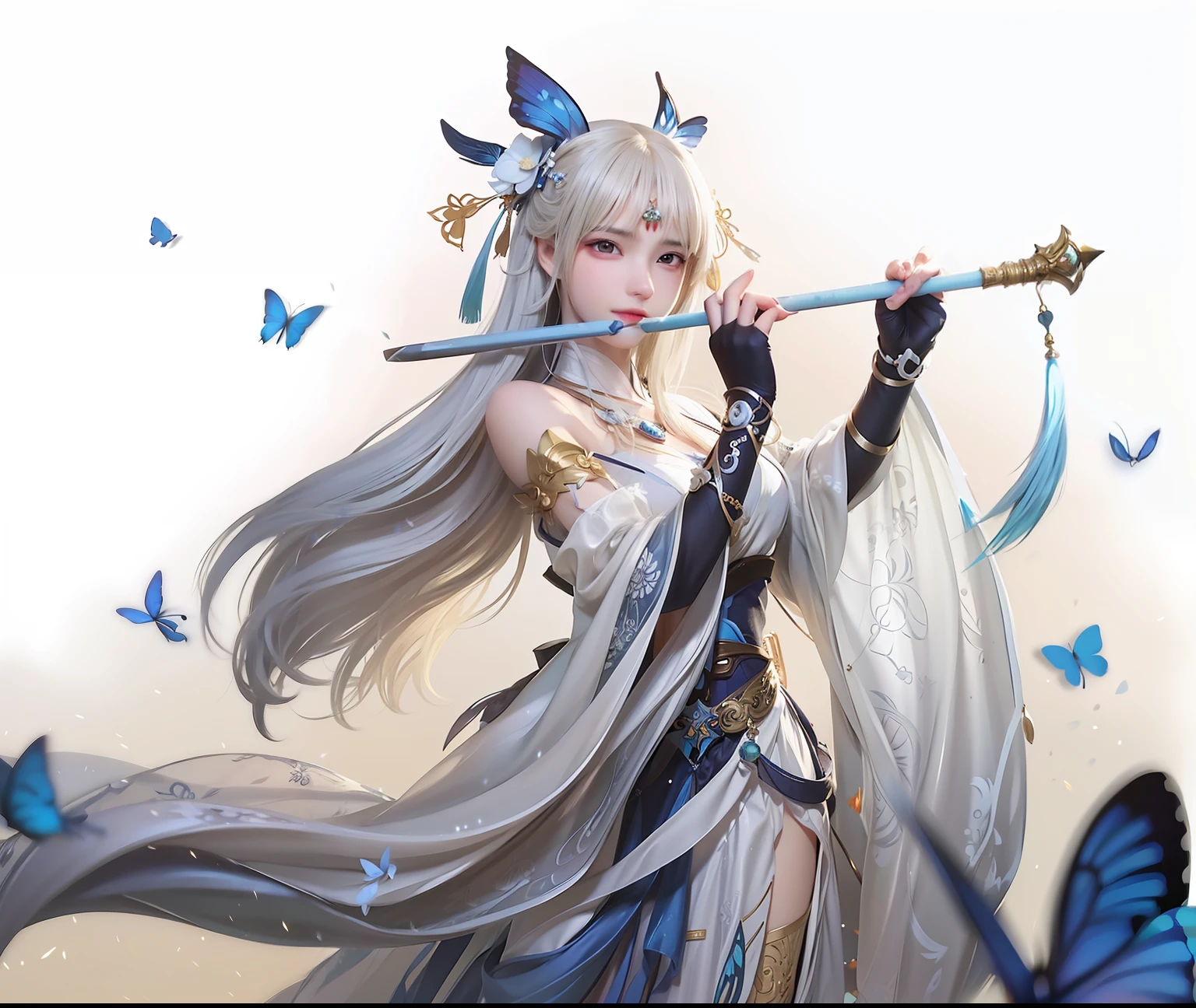 Anime girl holding sword and butterfly wings in her hand, by Yang J, a beautiful fantasy empress, Guviz-style artwork, Ross Tran 8 K, author:Chen Lin, author:Zhou Chen, Beautiful young wind spirit, Chinese fantasy, Beautiful character painting, Guviz, author:Yang Jin, Beautiful celestial mage, xianxia fantasy