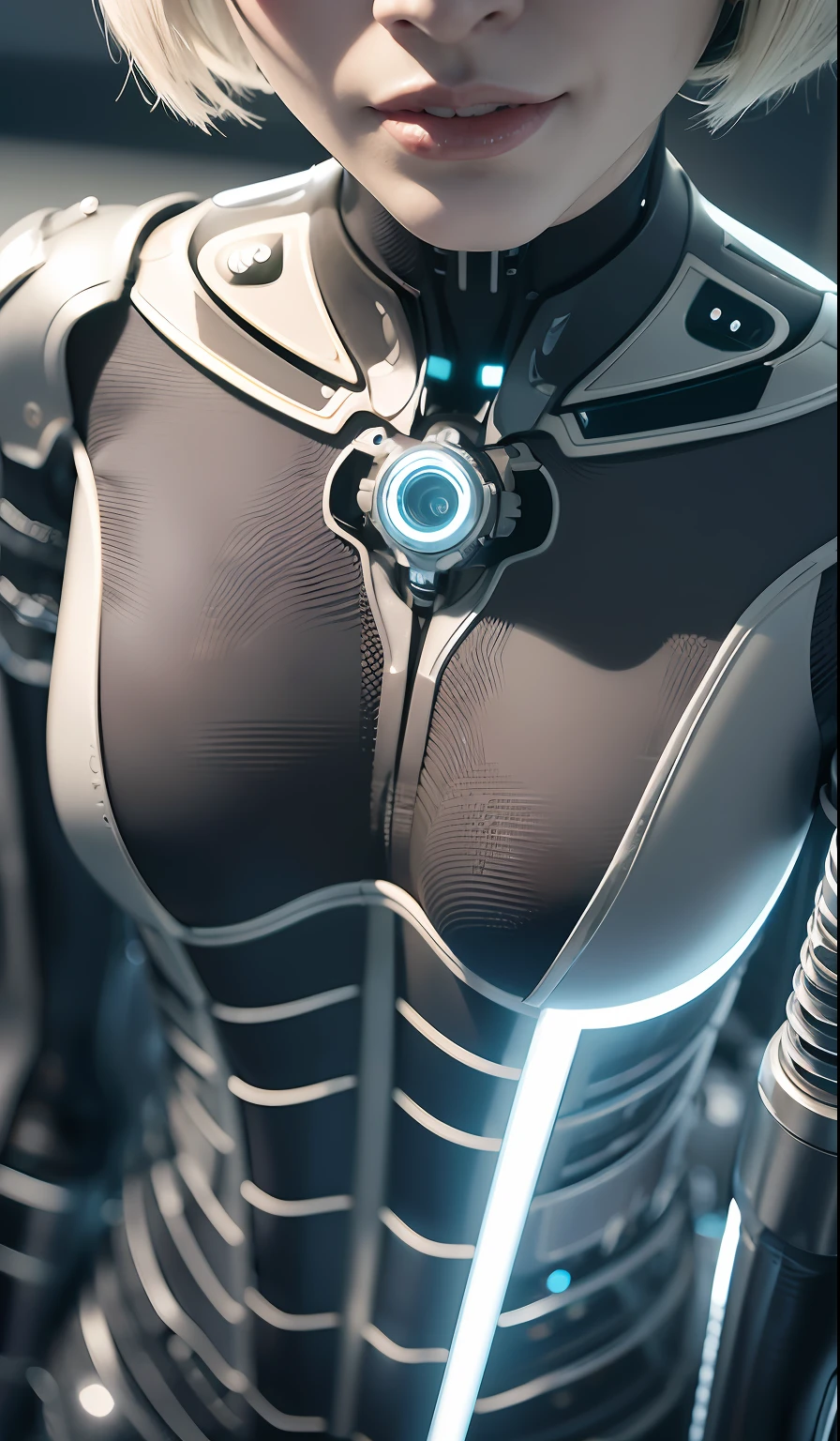 complex 3d render ultra detailed of a beautiful porcelain profile woman android face, White hair, Green eyes, Black Diners Leocard tights, Luminous blue bar, Cyborg, cyborg robot parts,machine arm, mechanical leg, view the viewer, 150 mm, Soft light, rim-light, vibrant detail, Luxurious cyberpunk, Lace, Hyperrealistic, anatomically, face muscles, Tight body, Cable Electrical Wire, micro Chip, elegant, Beautiful background, rendering by octane, h. r. Giger style, 8K, Best quality, Masterpiece, illustration, An extremely delicate and beautiful, Extremely detailed ,CG ,Unity ,the wallpaper, (Realistic, photo-realistic:1.37),Amazing, finedetail, Masterpiece,Best quality,offcial art, Extremely detailed Cg Unity 8K wallpaper, full bodyesbian, grin, Close-up Shot Shot, (Detailed face:1.2), (Detailed eyes:1.2), Futuristic city, Building, Outdoor