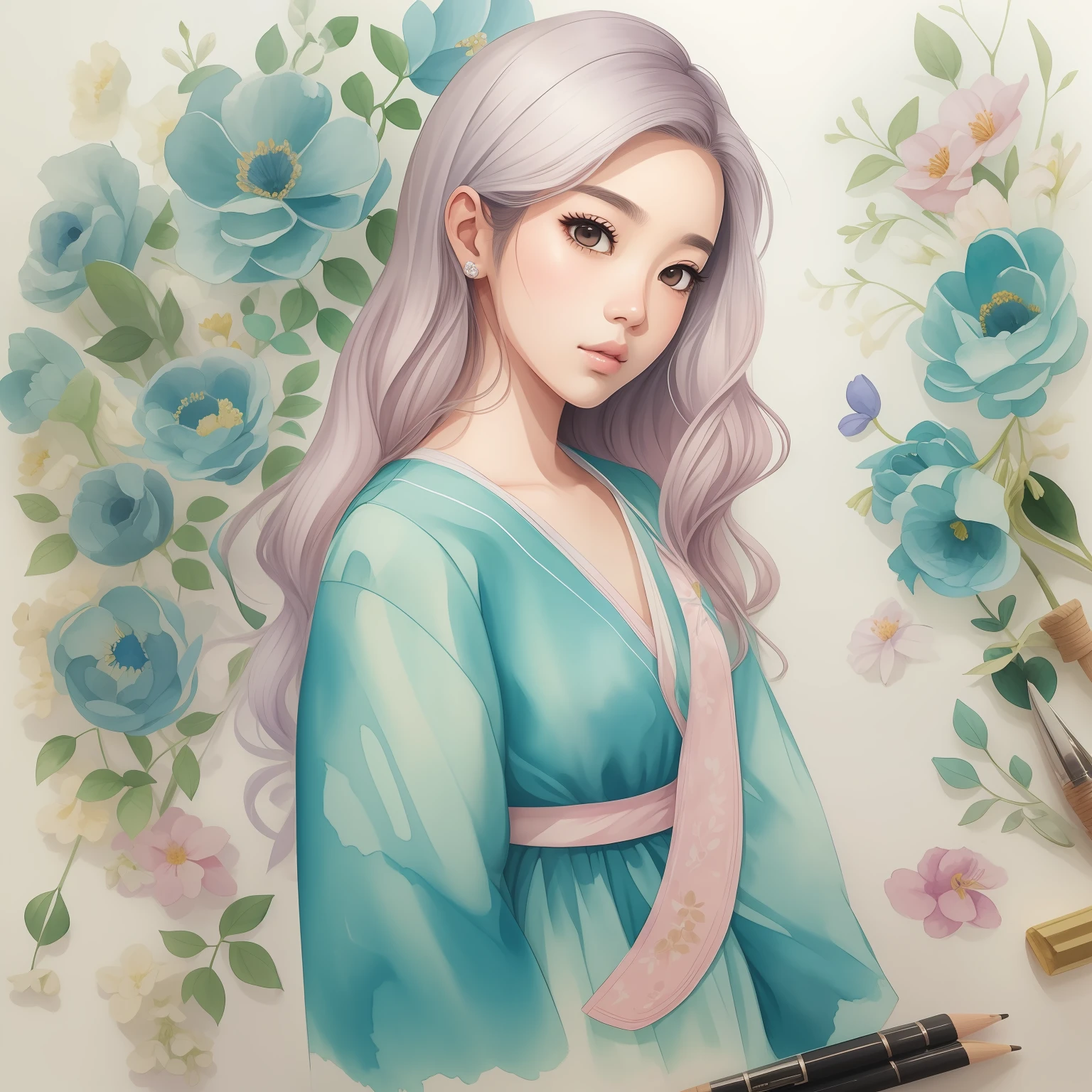 um desenho de uma mulher com cabelo longo e um vestido azul, trending on artstration, Estilo de desenho bonito, No estilo de arte de Bowater, estilo de arte bonito, watercolor illustration style, estilo de desenho, Retrato Jisoo Blackpink, retrato de alta qualidade, retrato bonito, menina coreana, a beautiful artwork illustration, desenho colorido, Cartoon style illustration, pintura realista da menina bonito, com flores