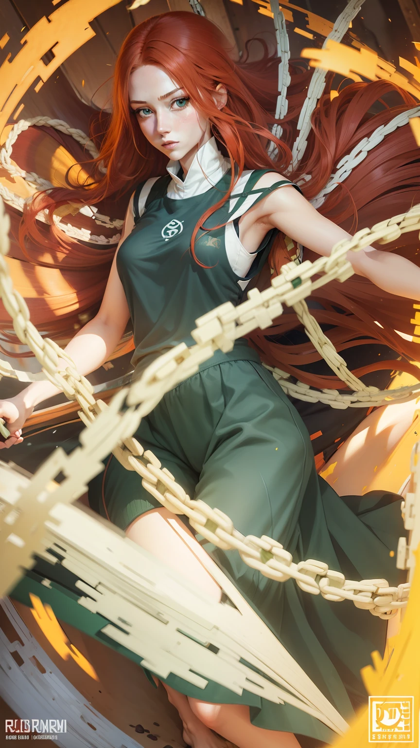 1girl, kushina, redhair hair, green clothes, blue eyes, realistic, ultra detail