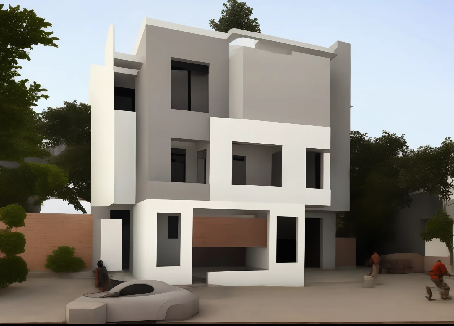 house under construction, brick and concrete wall, realistic builder, gradient,street, tree best quality, construction workers are working on a house under construction