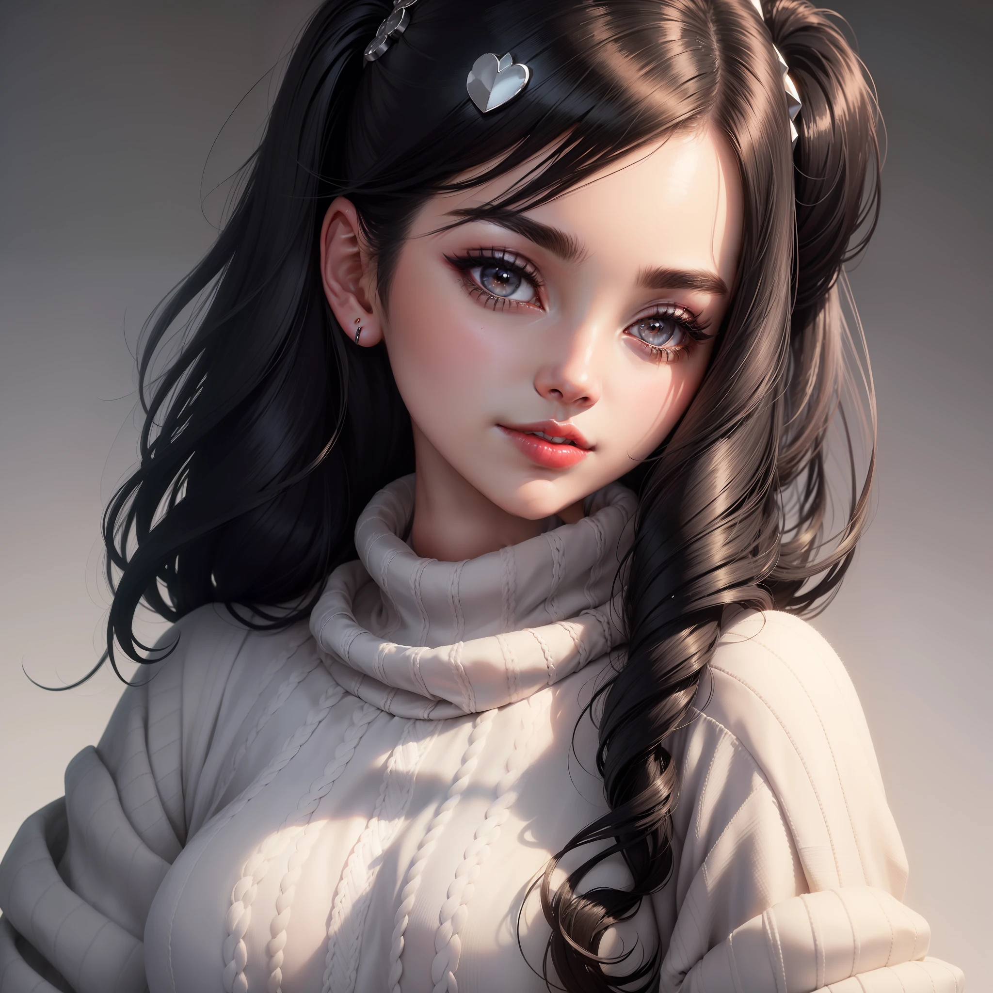 1girl, black eyes, black hair, closed mouth, grey sweater, hair ornament, hairclip, heart, lips, lipstick, looking at viewer, makeup, portrait, red lips, simple background, sleeves past wrists, smile, solo, sweater, white background,(masterpiece:1.4),(best quality:1.4),(shiny skin),chch-style