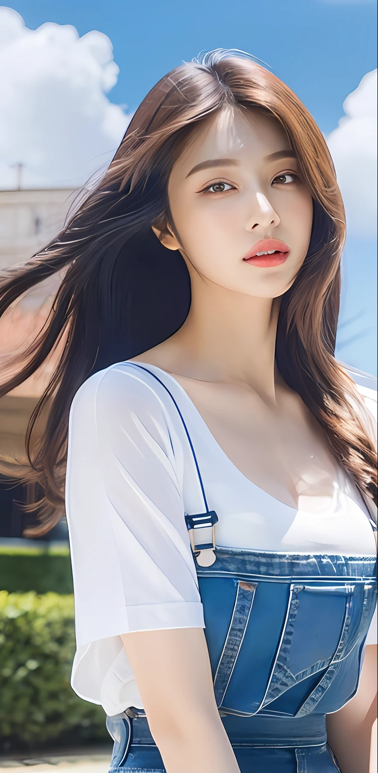A close up of a woman with long hair wearing a blue dress - SeaArt AI