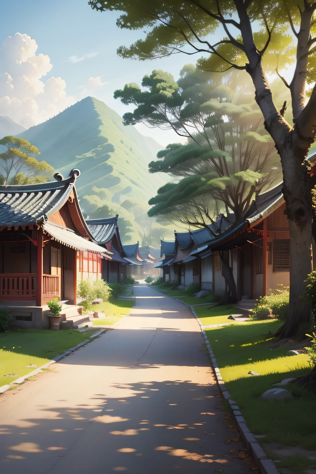 Watercolor painting, small path of Chinese rural houses, trees, bright sun, shade,